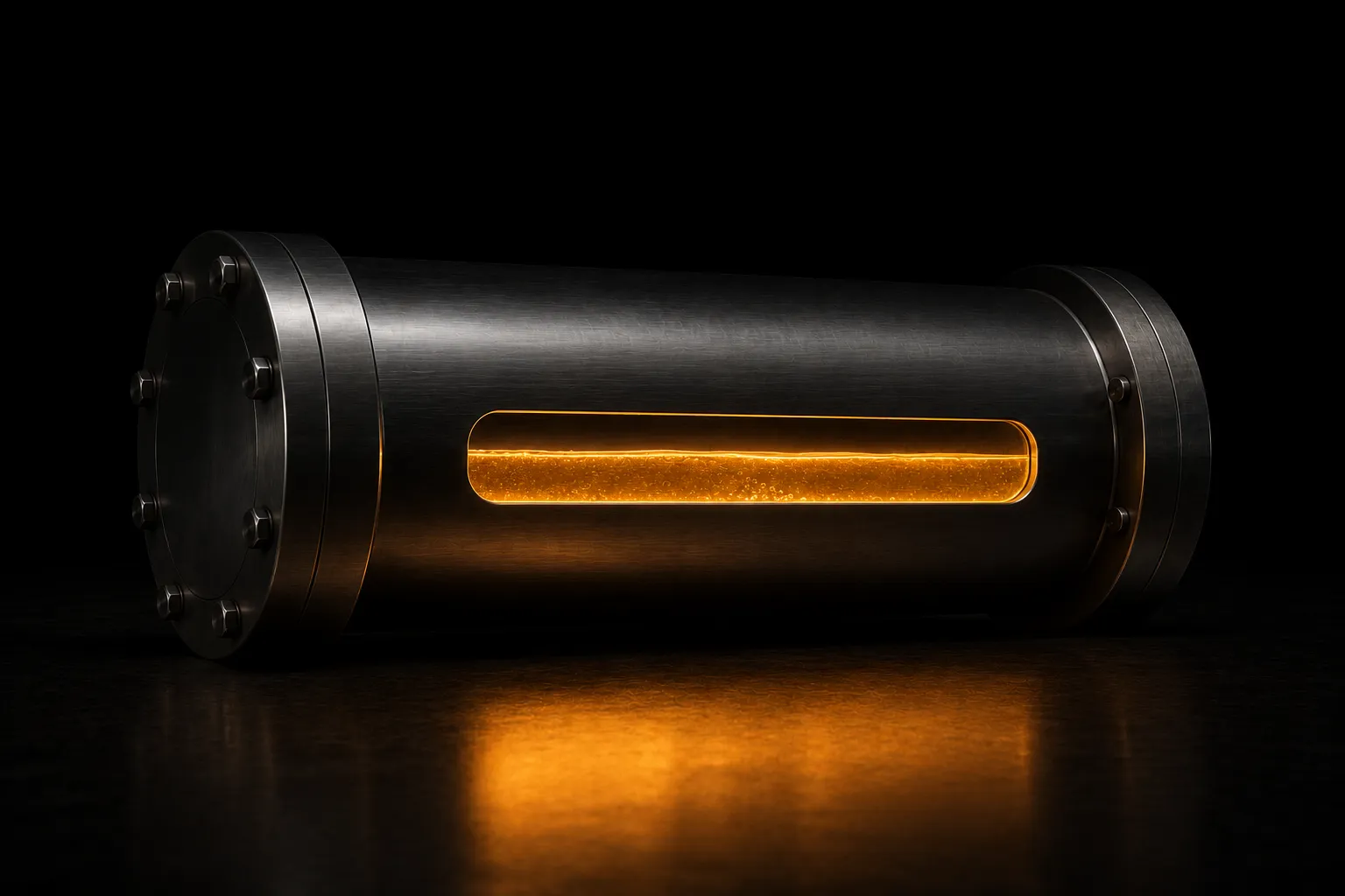 A bolted steel cylinder on a dark floor with a narrow slot in its side, glowing amber liquid visible inside.