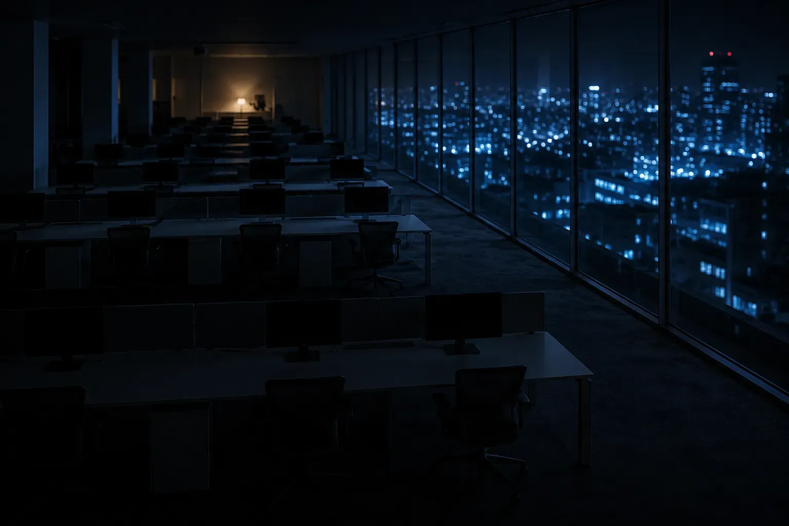 An empty trading floor at night, monitors dark, a lit city beyond the glass