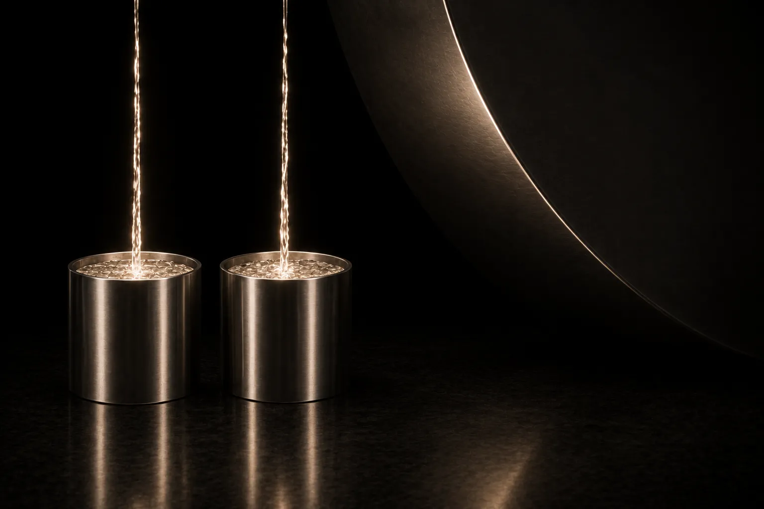 Two steel cylinders filling from thin bright streams while a much larger dark form leans in from the right, catching a single hard highlight.
