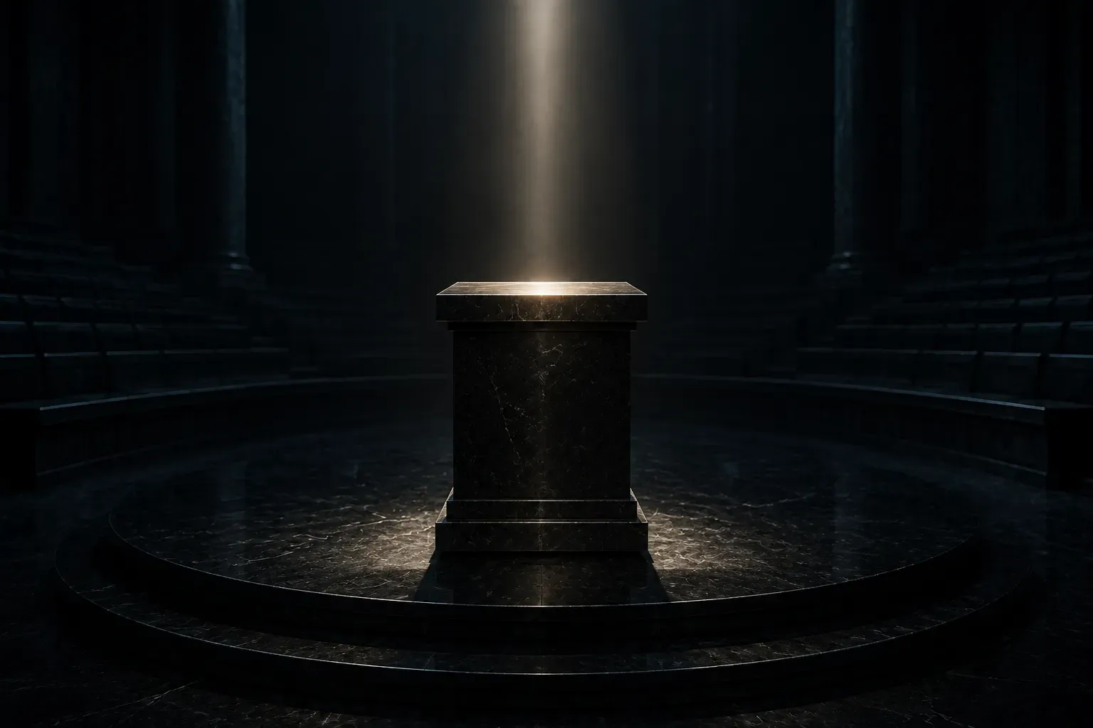 An empty stone lectern under a single shaft of light in a dark hall