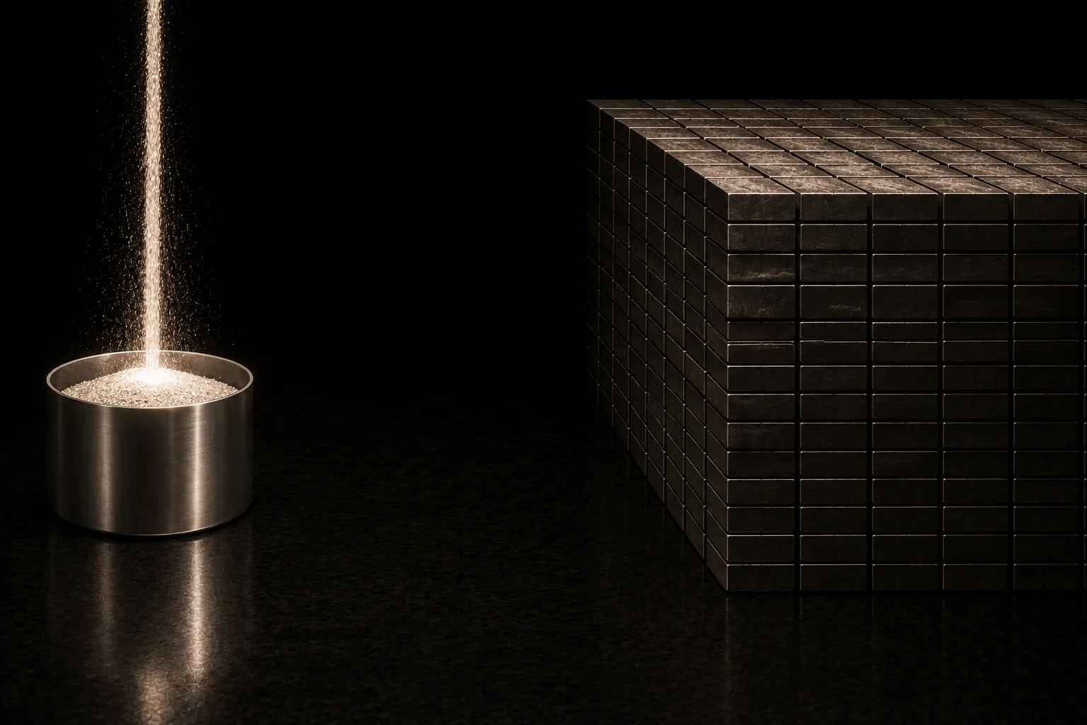 A large undisturbed stack of dark blocks on one side and, separated by bare floor, a much smaller vessel filling from a bright stream.