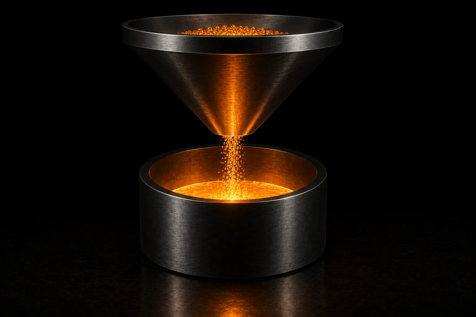 A steel funnel pouring a stream of glowing pellets into a crucible where they melt into a bright pool.