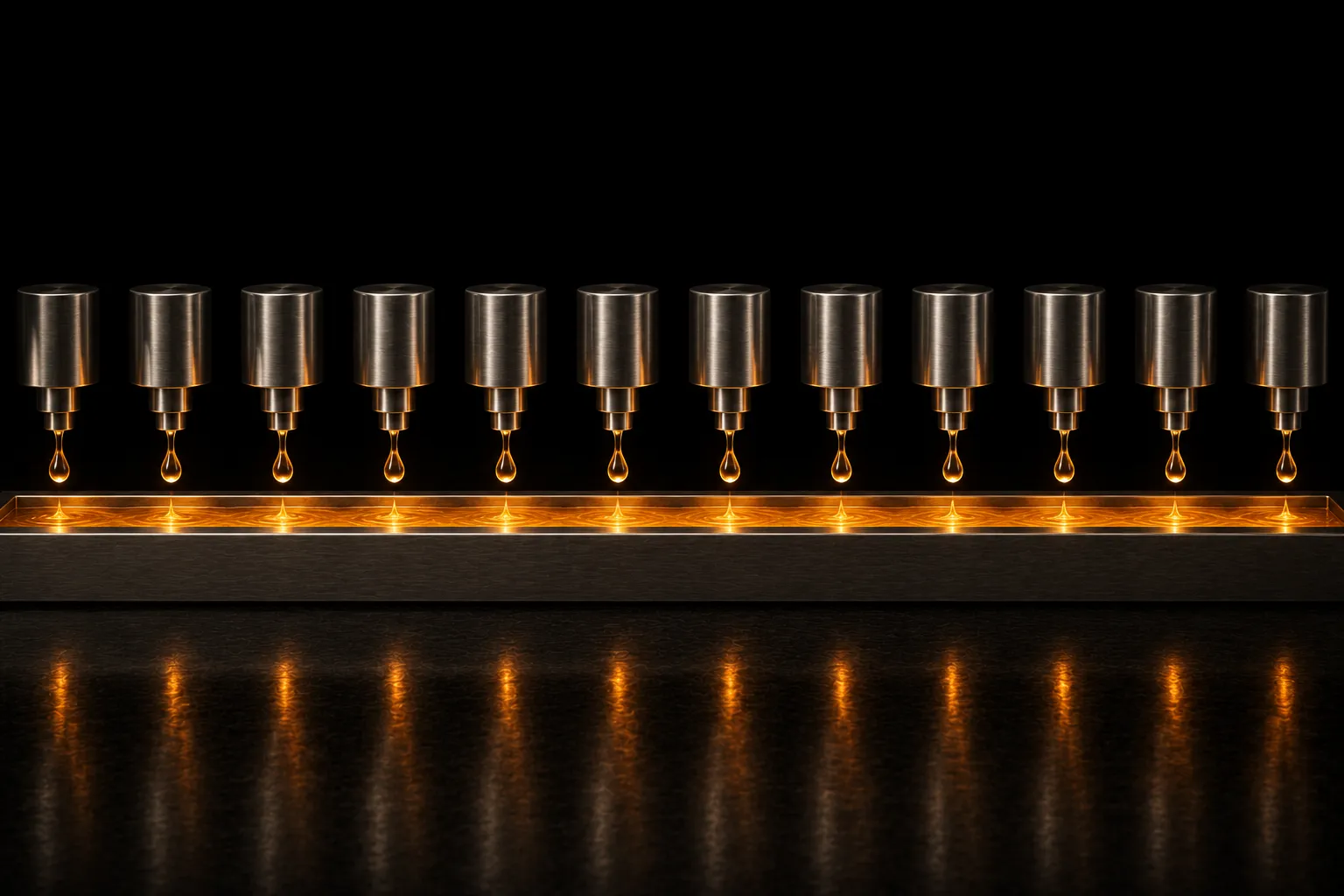 A row of identical steel nozzles each releasing one glowing drop into a single channel running beneath them.