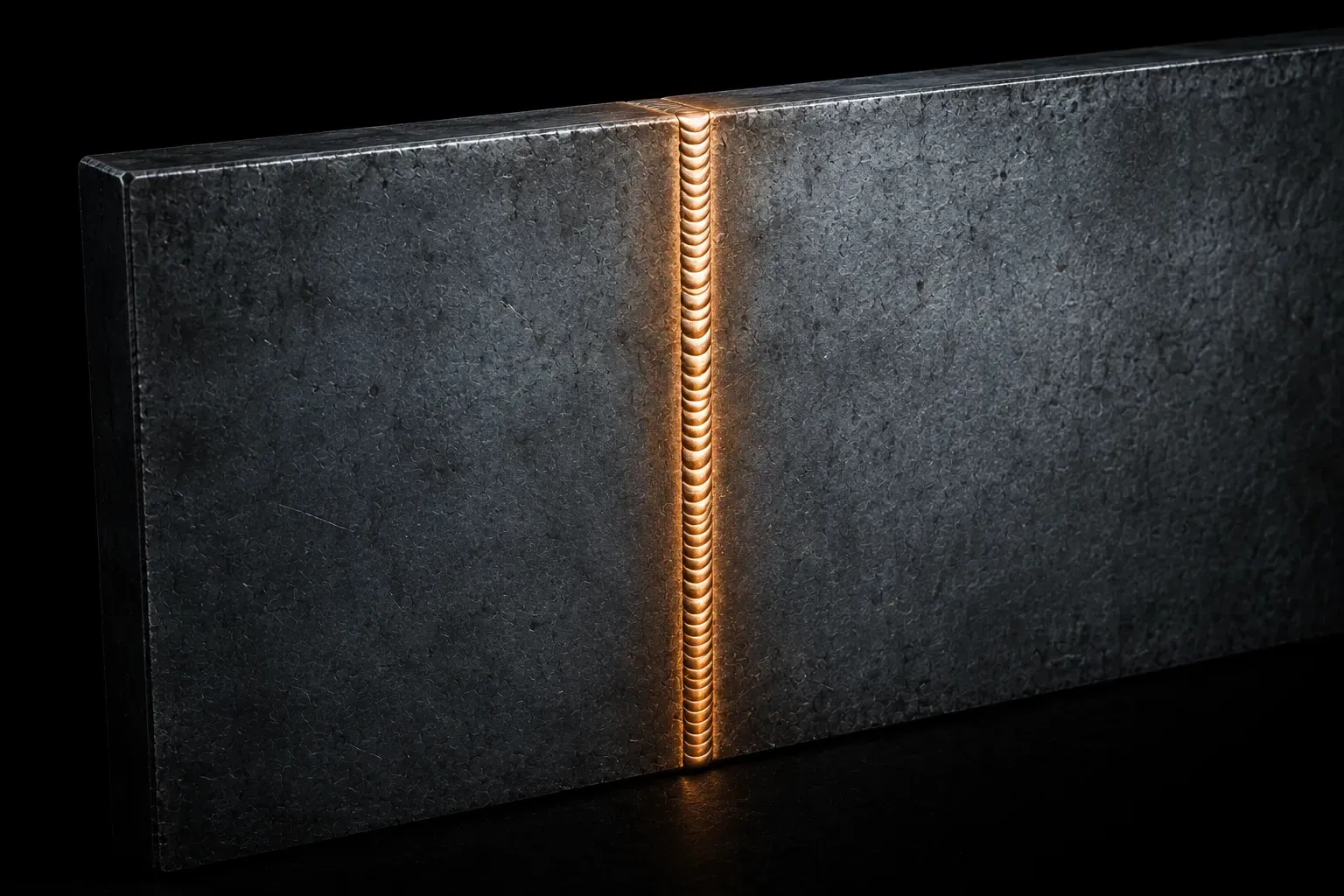 A thick steel wall with a thin crack sealed by a fresh weld, visibly newer than the metal around it