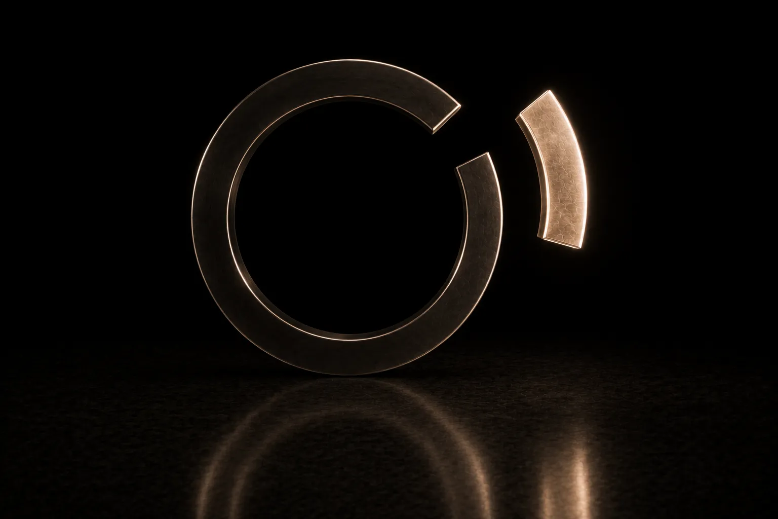 A dark steel ring with one narrow segment missing, that segment floating brightly lit a short distance to the right of the gap it left.