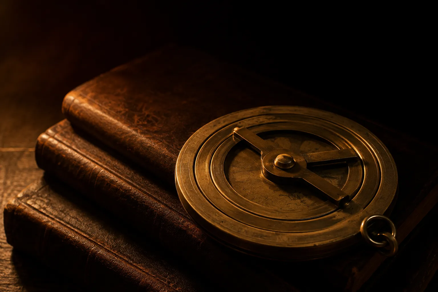 A tarnished brass astrolabe with plain unengraved rings resting on a stack of worn leather-bound ledgers, lit by a single warm amber light