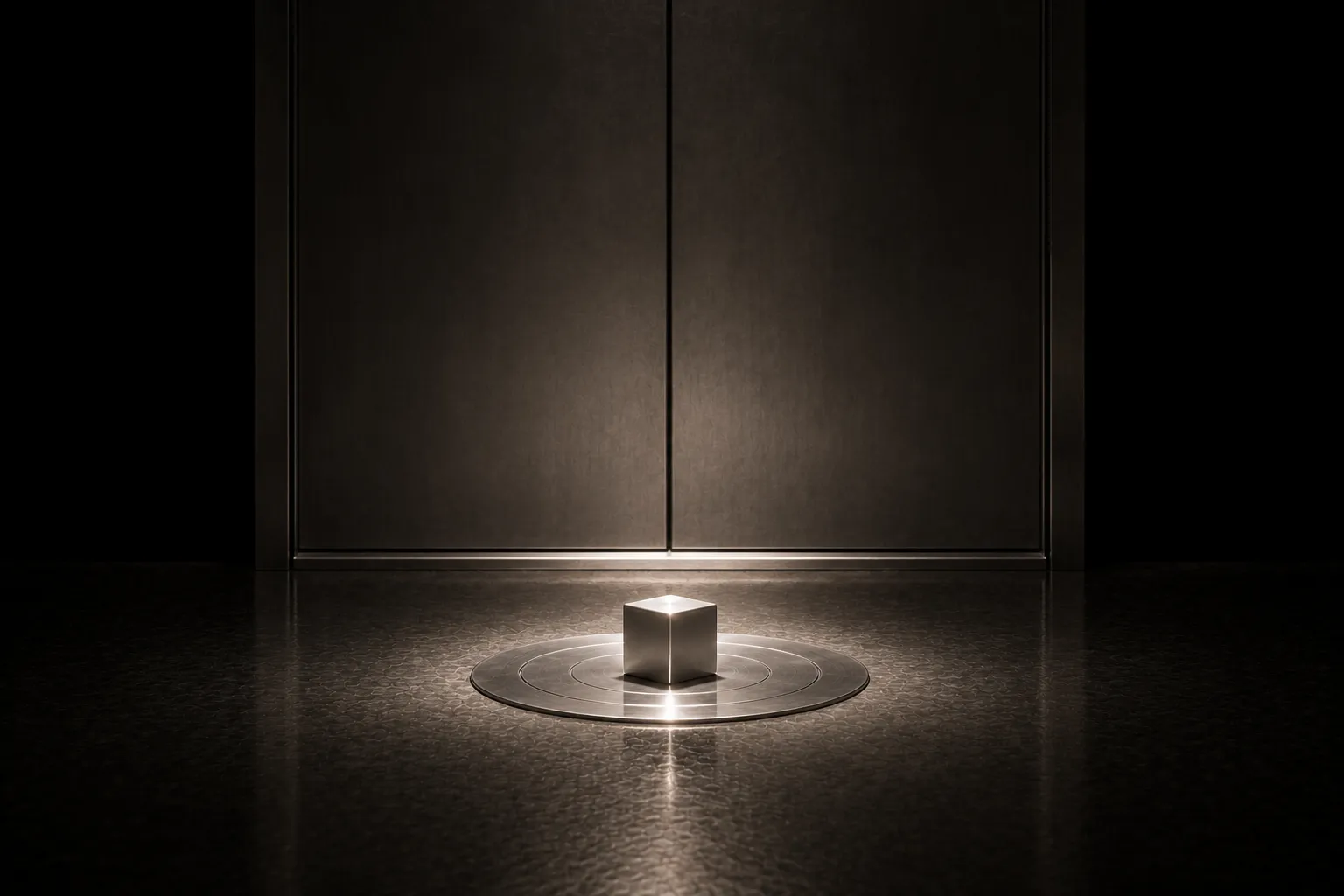 A small polished cube resting at the centre of a circular steel measuring plate in front of a tall closed steel door.