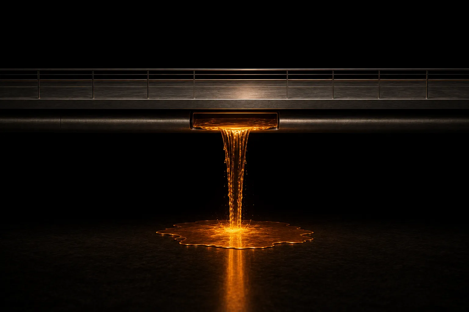A steel bridge with an unbroken deck, glowing liquid pouring from a gap beneath it into a pool on the floor below.