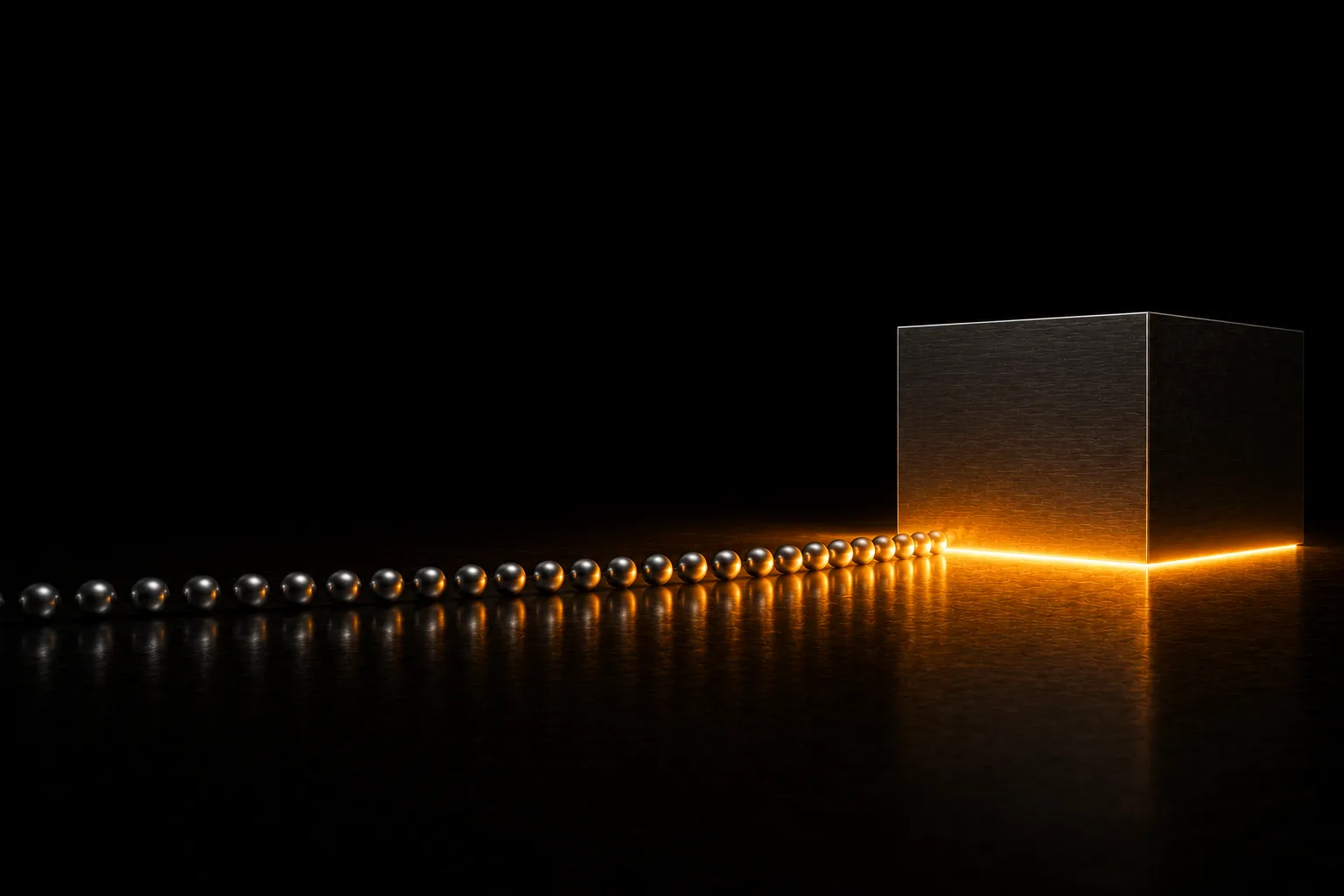 A heavy steel block glowing at its base, with a long trail of small spheres running toward it and brightening as they near.