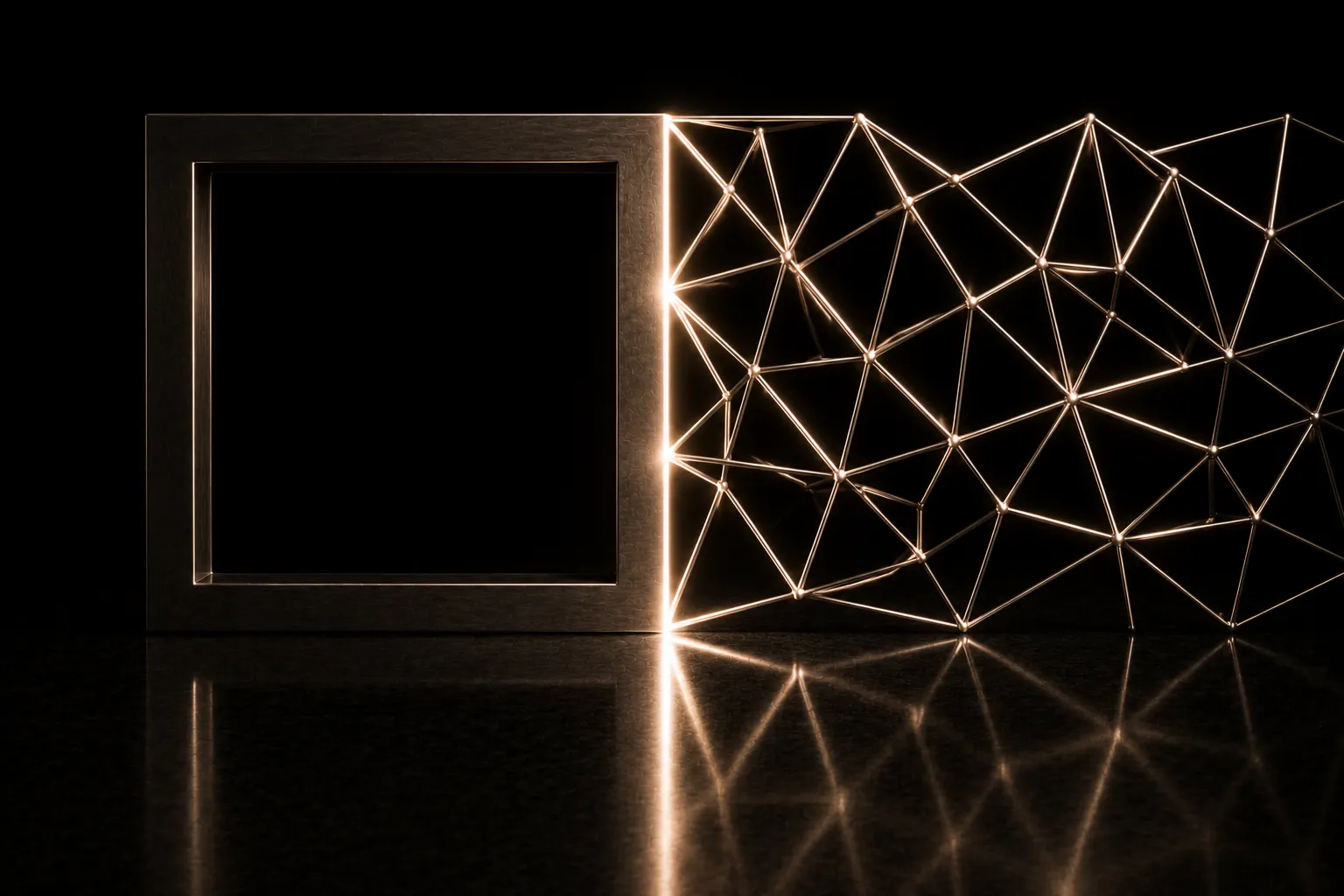 A heavy square steel frame meeting a loose irregular lattice of bright rods along one edge, the two clearly not fitting each other.