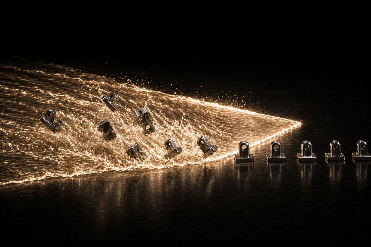 A bright wave sweeping across a dark floor, lifting away the steel clamps it reaches while those ahead of it remain seated.
