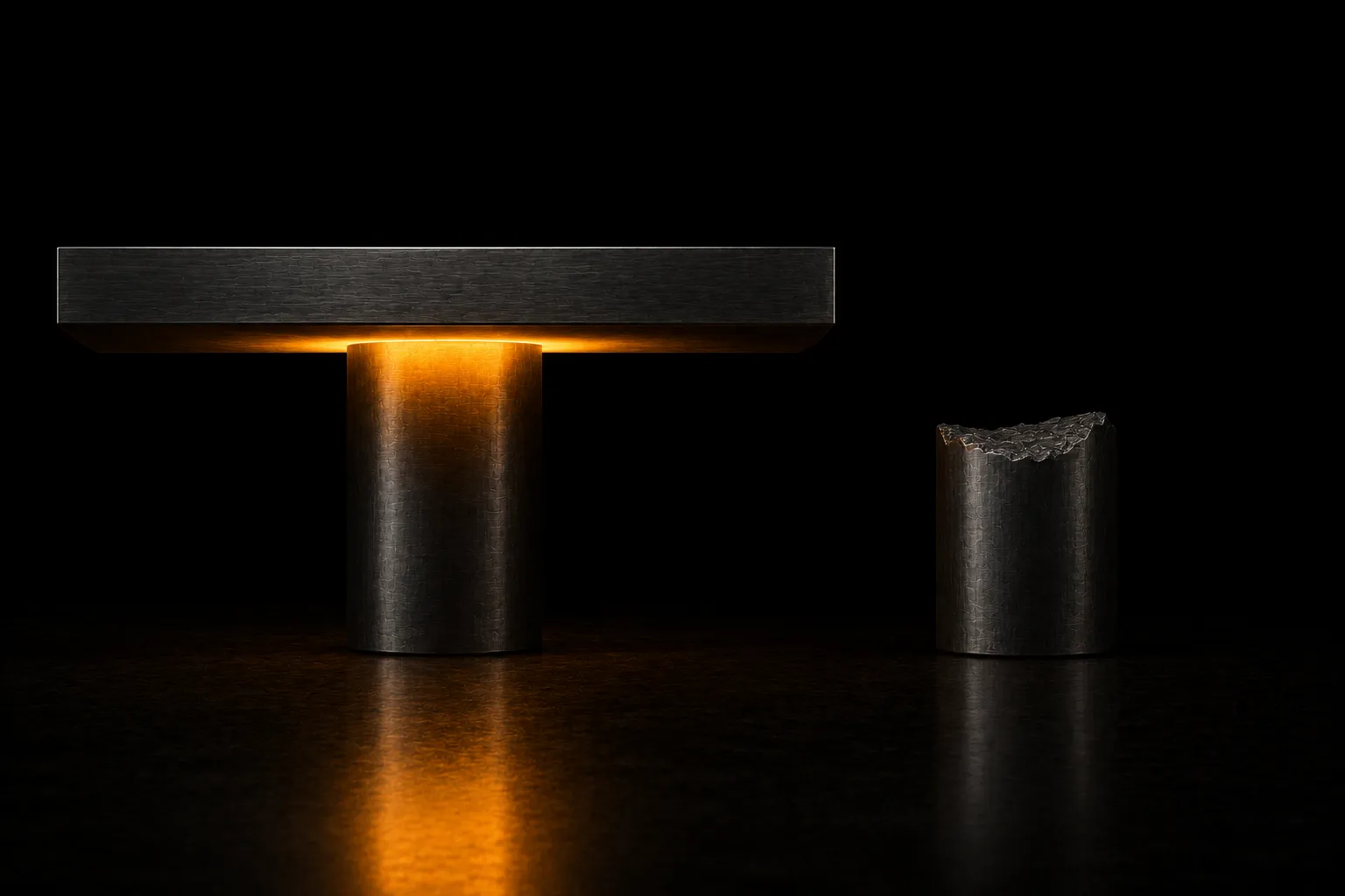 A steel slab held level on one column and lit warmly from beneath, beside a second column snapped short and dark.
