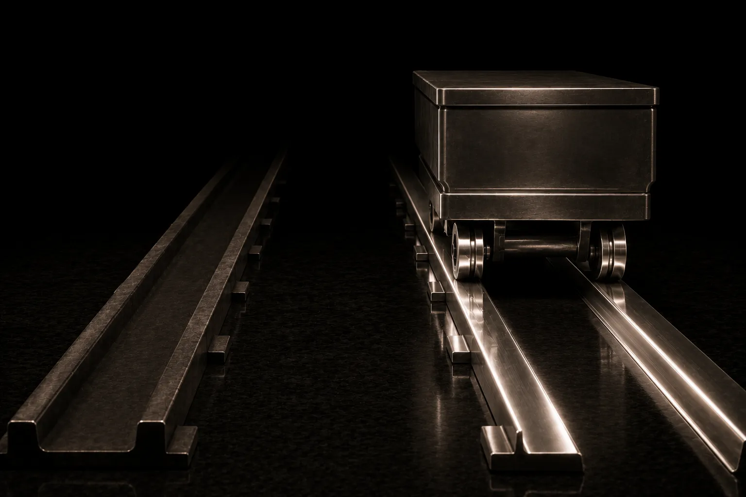 Two parallel steel rails, the left one dull and empty, the right one brightly polished and carrying a heavy carriage just transferred onto it.