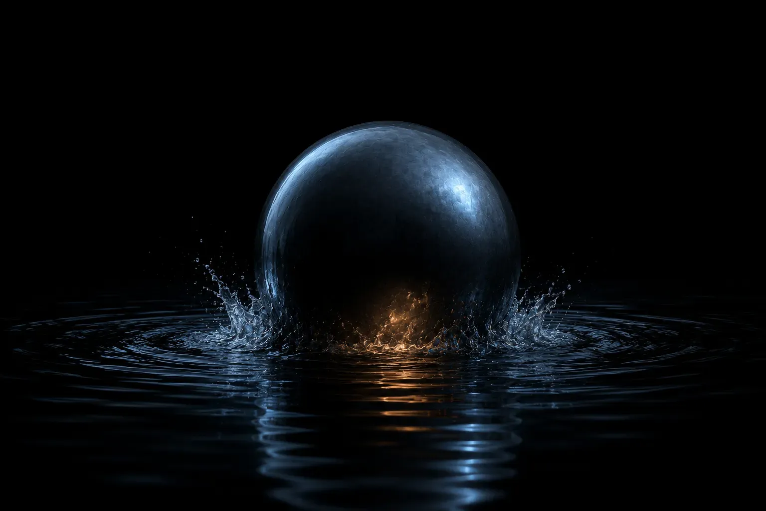 A large dark metal sphere breaking the surface of still water, waves running outward