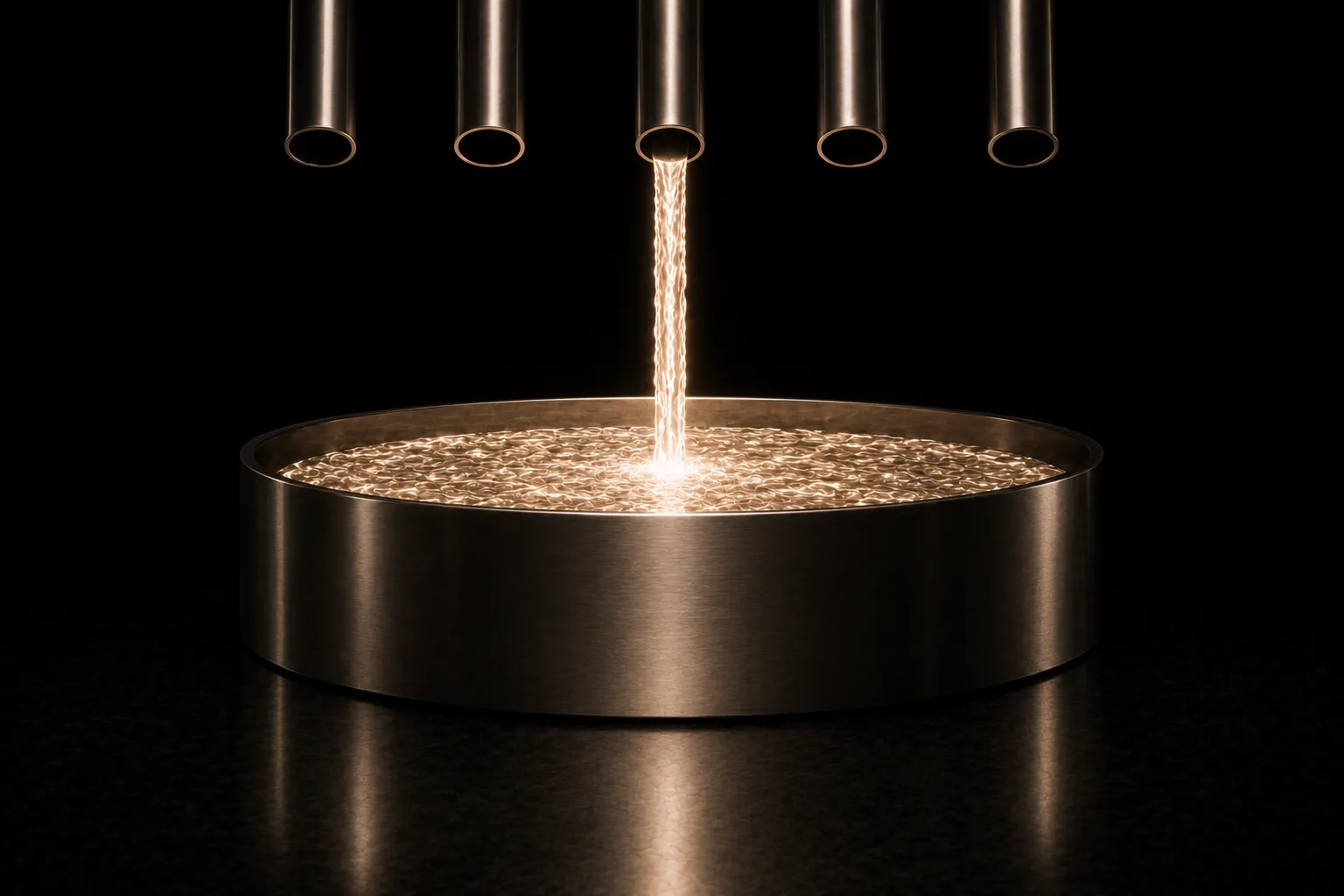 A wide steel vessel fed by five identical pipes, four of them dry, one running with a strong bright stream that fills it almost alone.