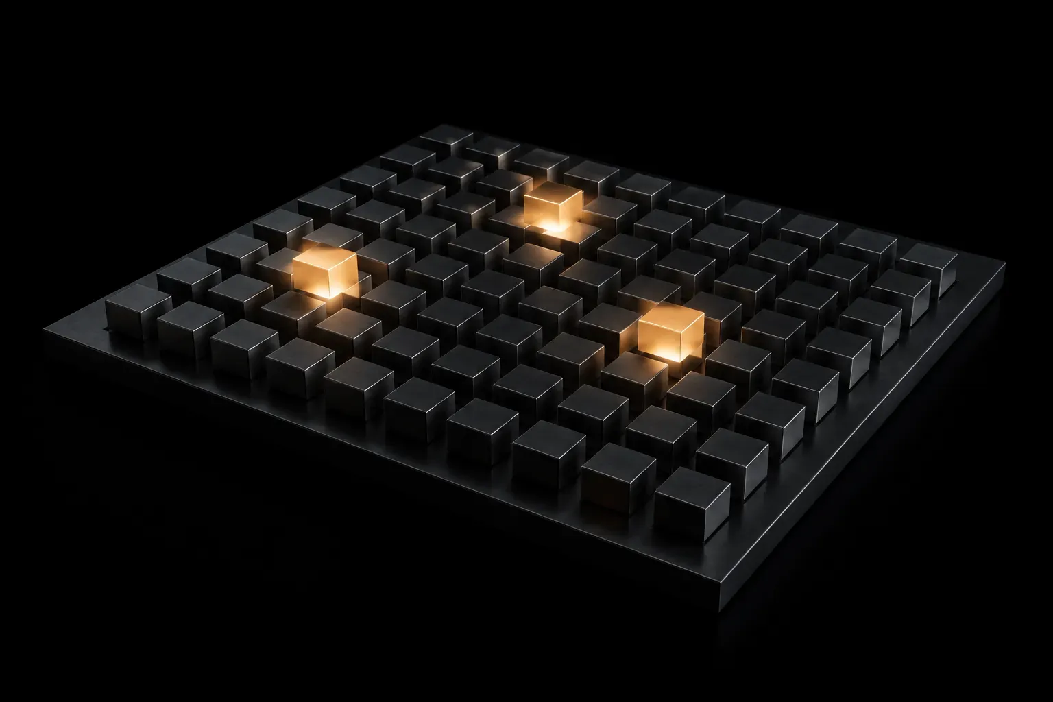 A grid of identical dark steel cubes with three lifted slightly and lit warm
