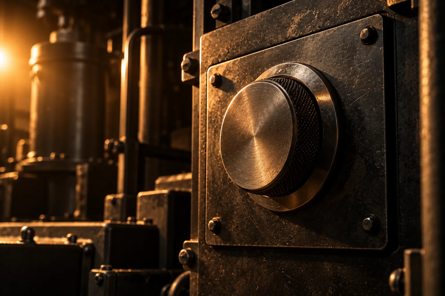 A knurled metal dial with a completely blank face on a heavy industrial control panel, in raking warm amber light.