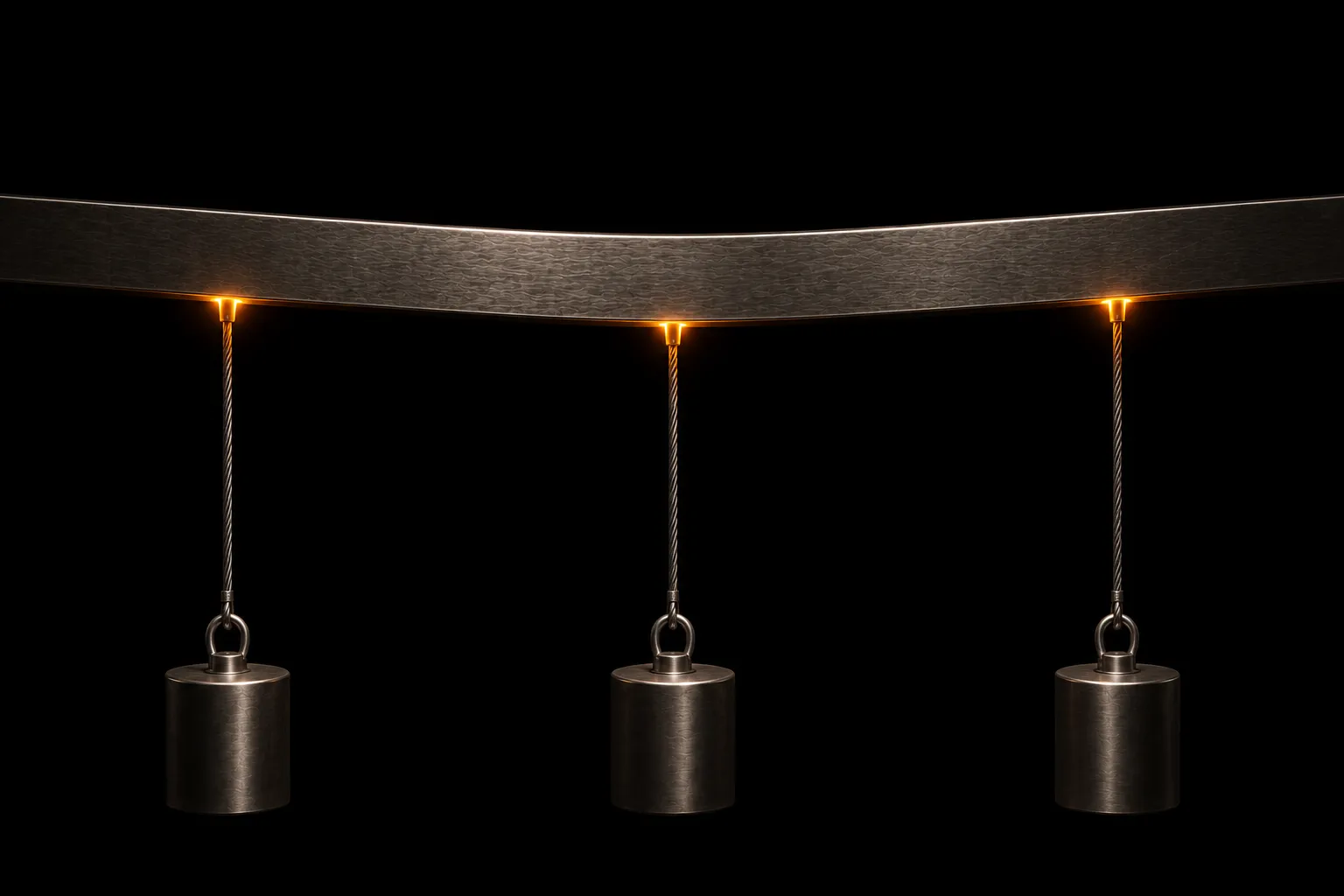 A steel beam bowed downward by three taut cables carrying heavy weights, with warm light marking the strain points.