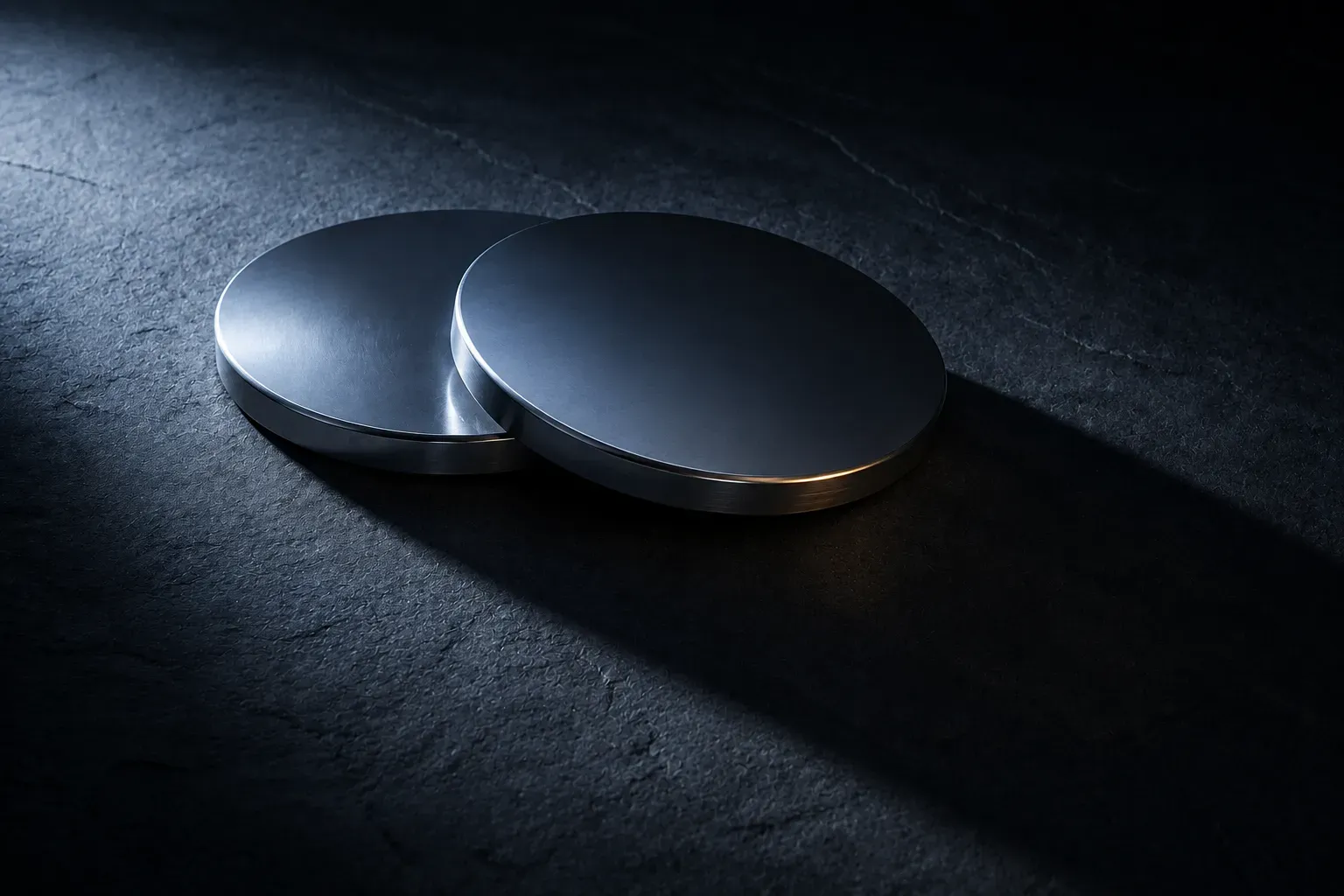 Two identical polished steel discs on dark stone, one slightly overlapping the other