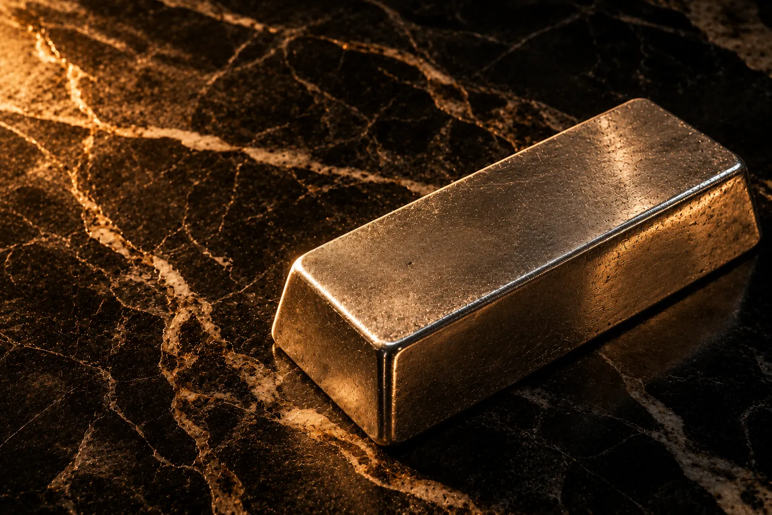 A close macro of a smooth unmarked silver ingot on a dark veined marble slab, side-lit by a single warm amber source.