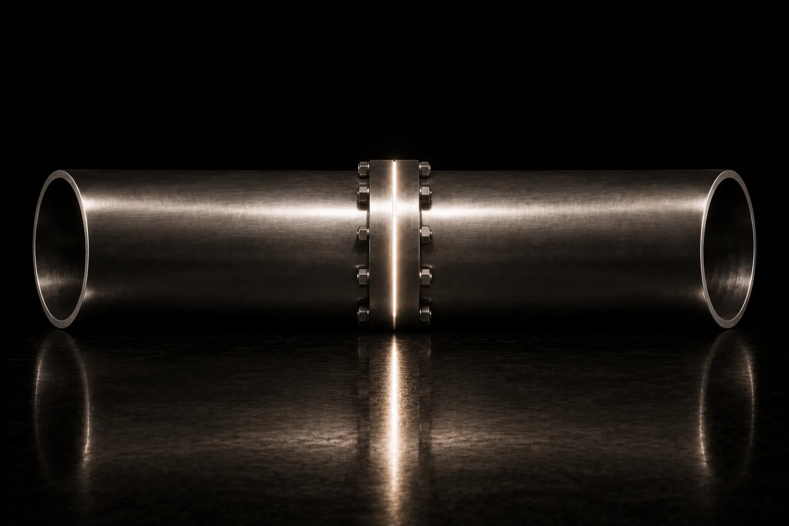 Two wide steel pipes freshly bolted together into one continuous run, the new seam brightly lit and both open mouths completely dry.
