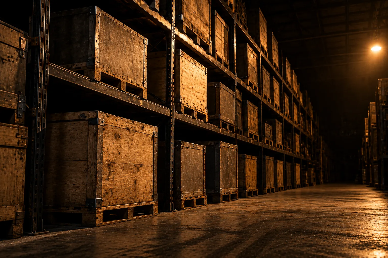 A long warehouse rack of plain unmarked crates stacked progressively higher, receding into darkness, lit from high on the right by one warm amber source.