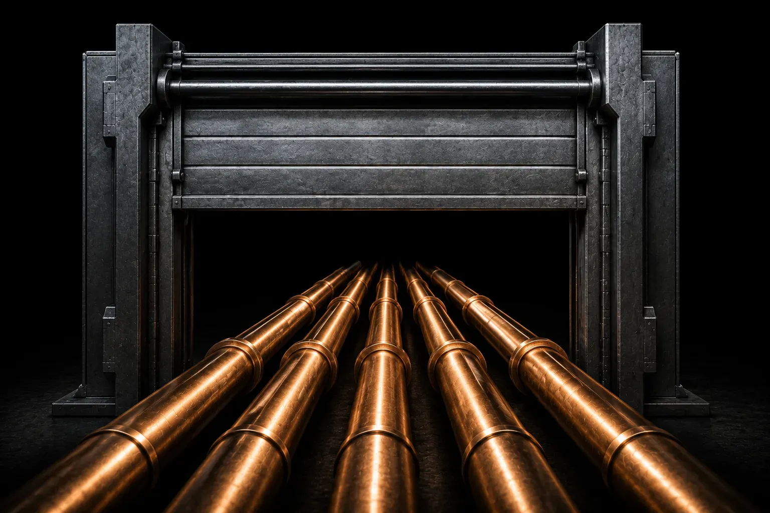 A wide steel gateway with the barrier raised, several identical pipes passing through side by side
