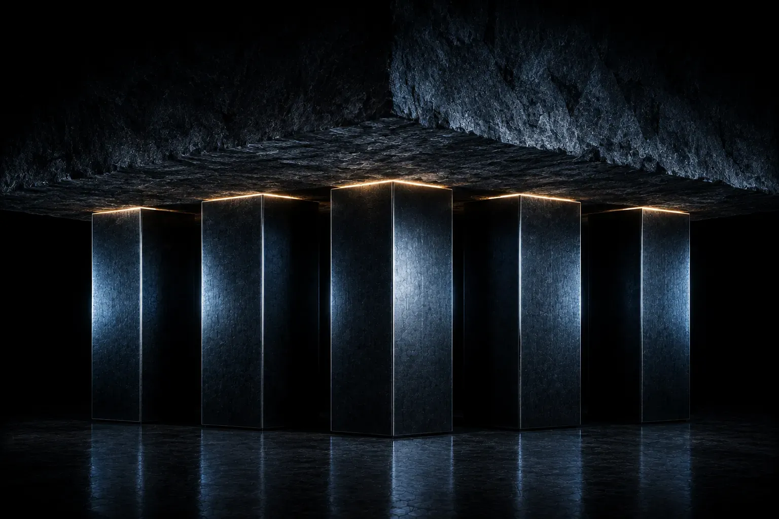 Steel blocks pressed up against the underside of a massive stone slab they have not moved