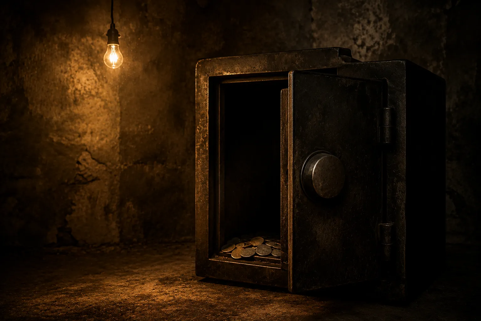 A heavy antique steel safe standing ajar in a dim concrete vault with a small pile of worn metal discs inside, lit by one bare amber bulb