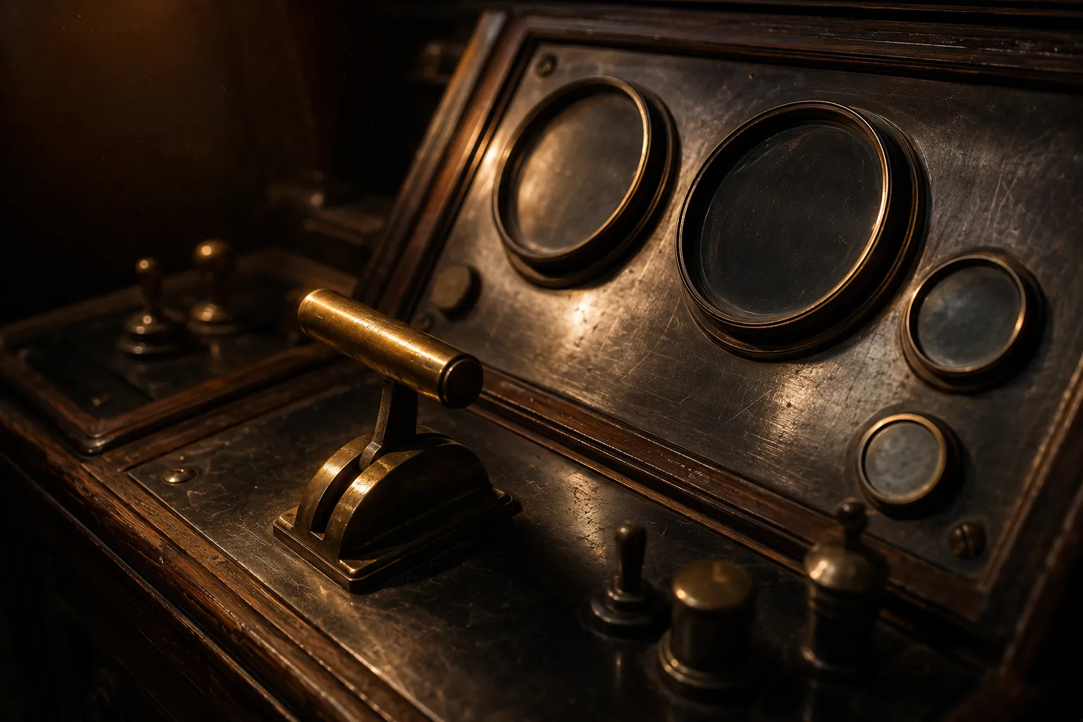 A heavy brass and steel industrial control panel with a plain unengraved lever and blank gauge faces, lit by one warm amber light