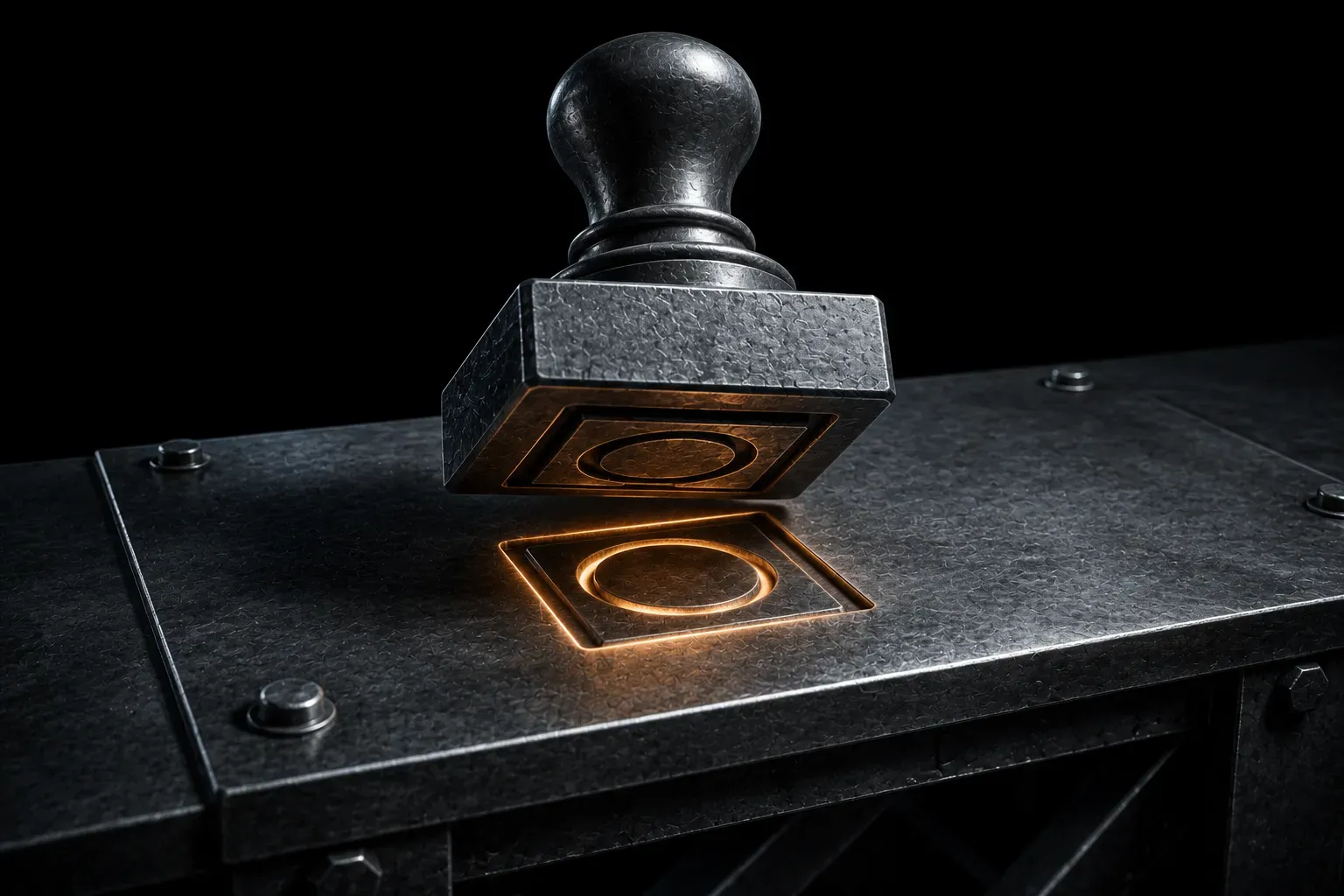 A heavy steel seal pressed into a metal plate that is already part of a working structure