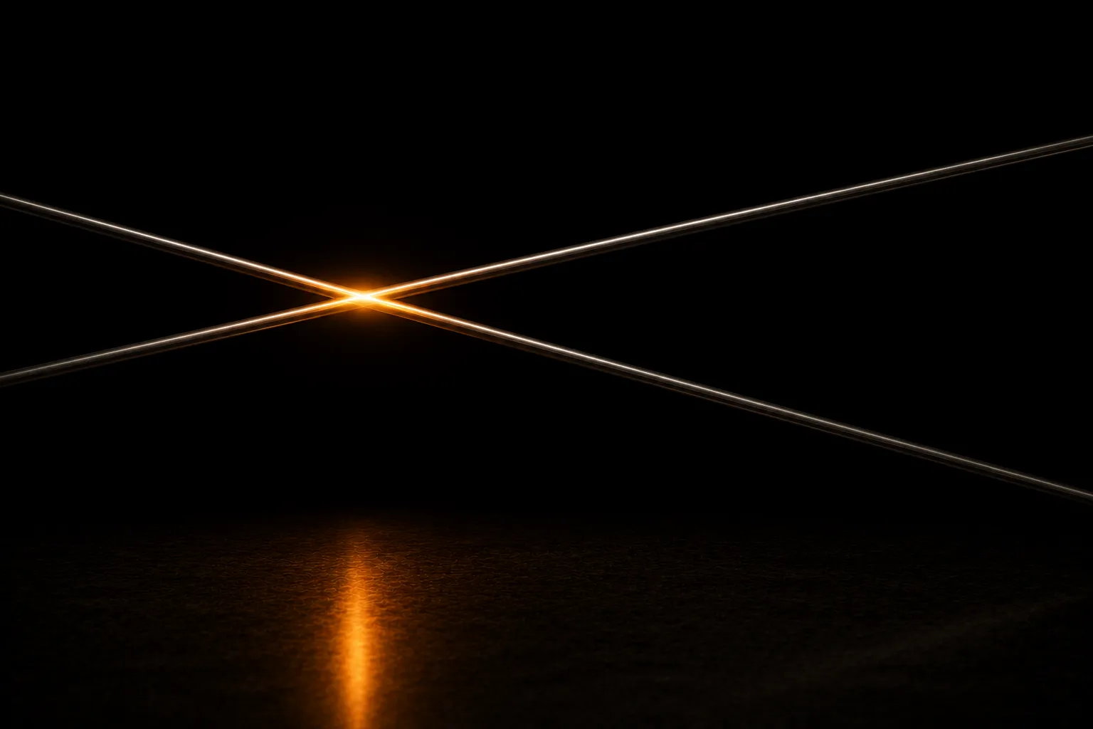 Two thin steel rods crossing at a single point, with a concentrated bloom of warm light exactly where they meet.