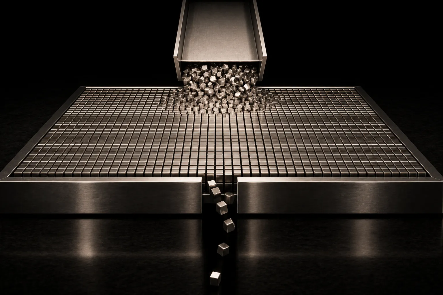 A steel platform holding a dense field of identical cubes, fed by a chute above while a few tip away through a slot at the near edge.
