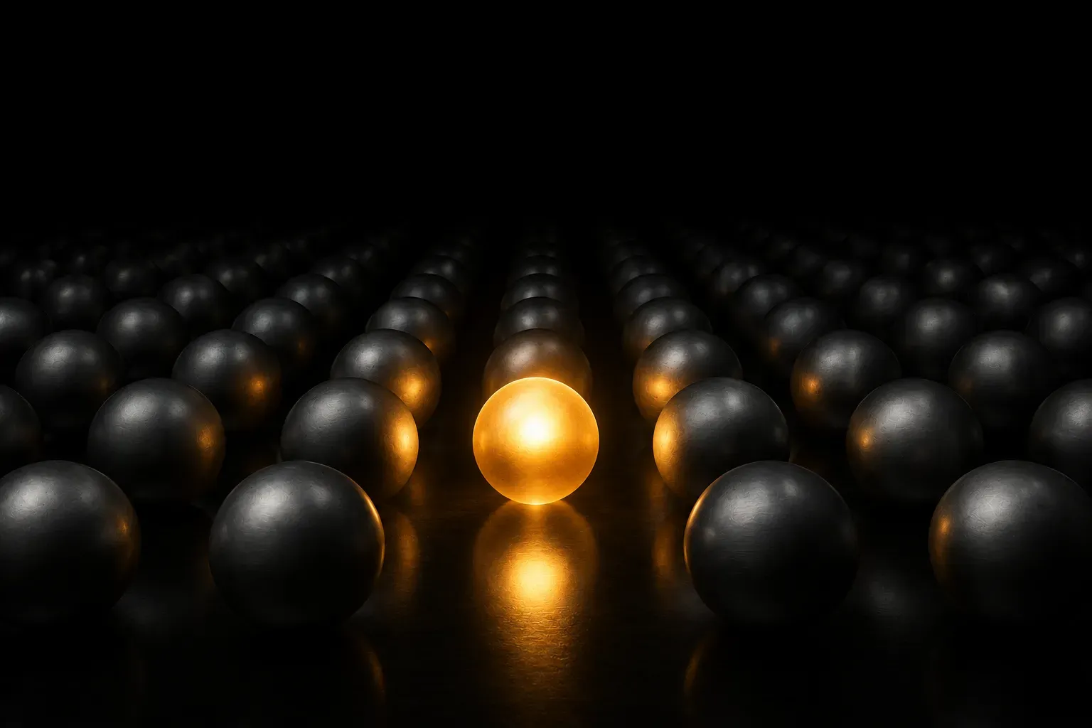 A grid of identical dark steel spheres in low light, with exactly one glowing warm amber from within.