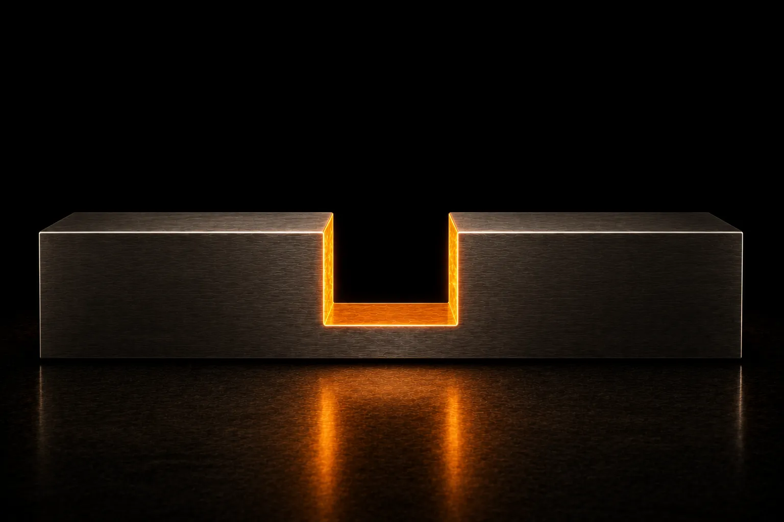 A heavy steel ingot with a clean rectangular section cut out of its middle, the cut faces still glowing hot.