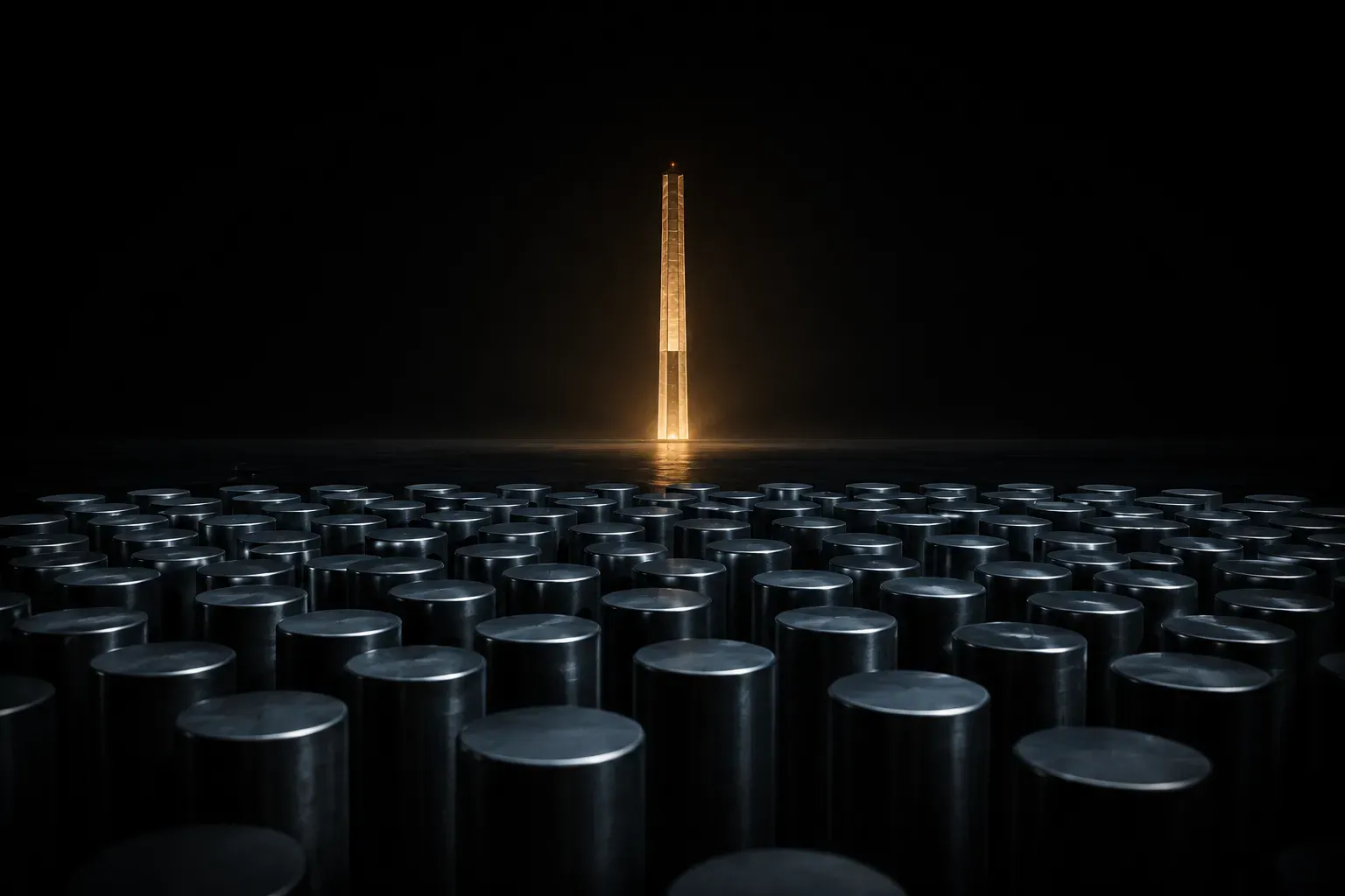 A single tall steel tower far in the distance behind a dense cluster of short identical posts