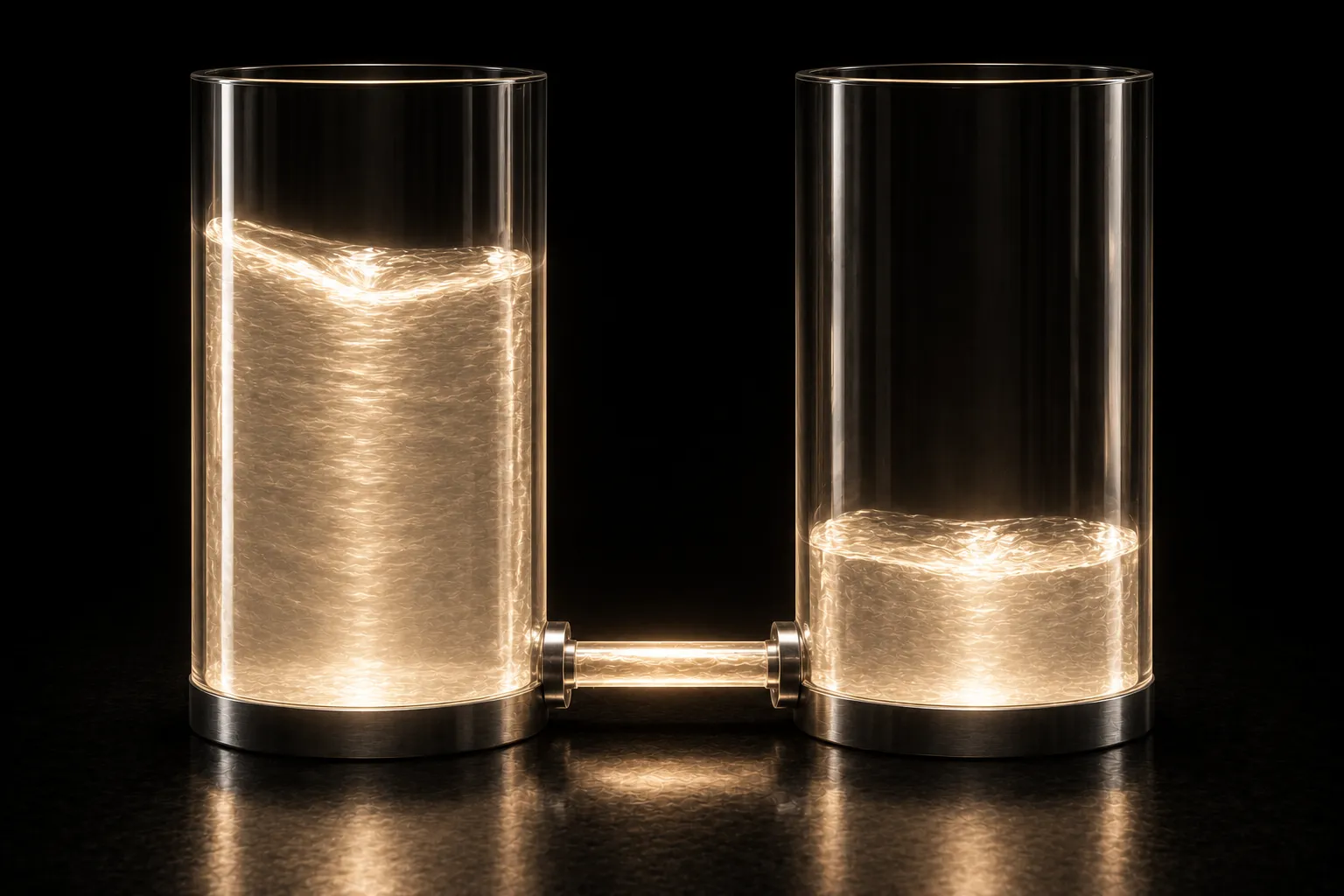Two glass cylinders joined by a lit pipe, one holding glowing liquid high and the other low, the difference between them closing.