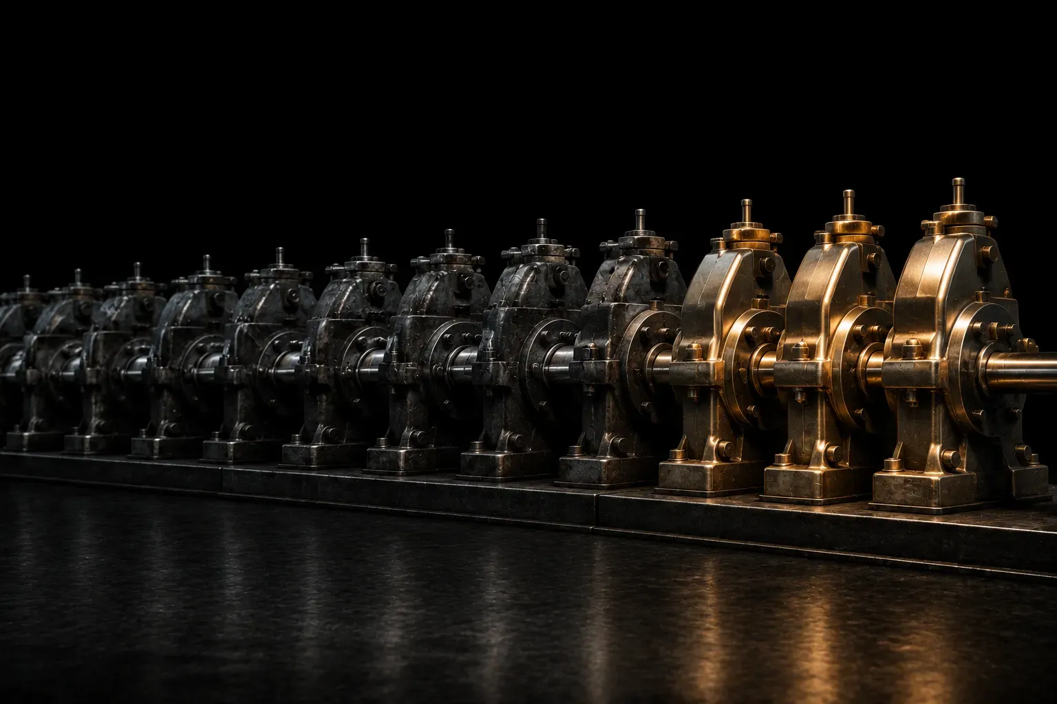 A row of darkened steel machines with three new ones added at the end, joined to the same shaft