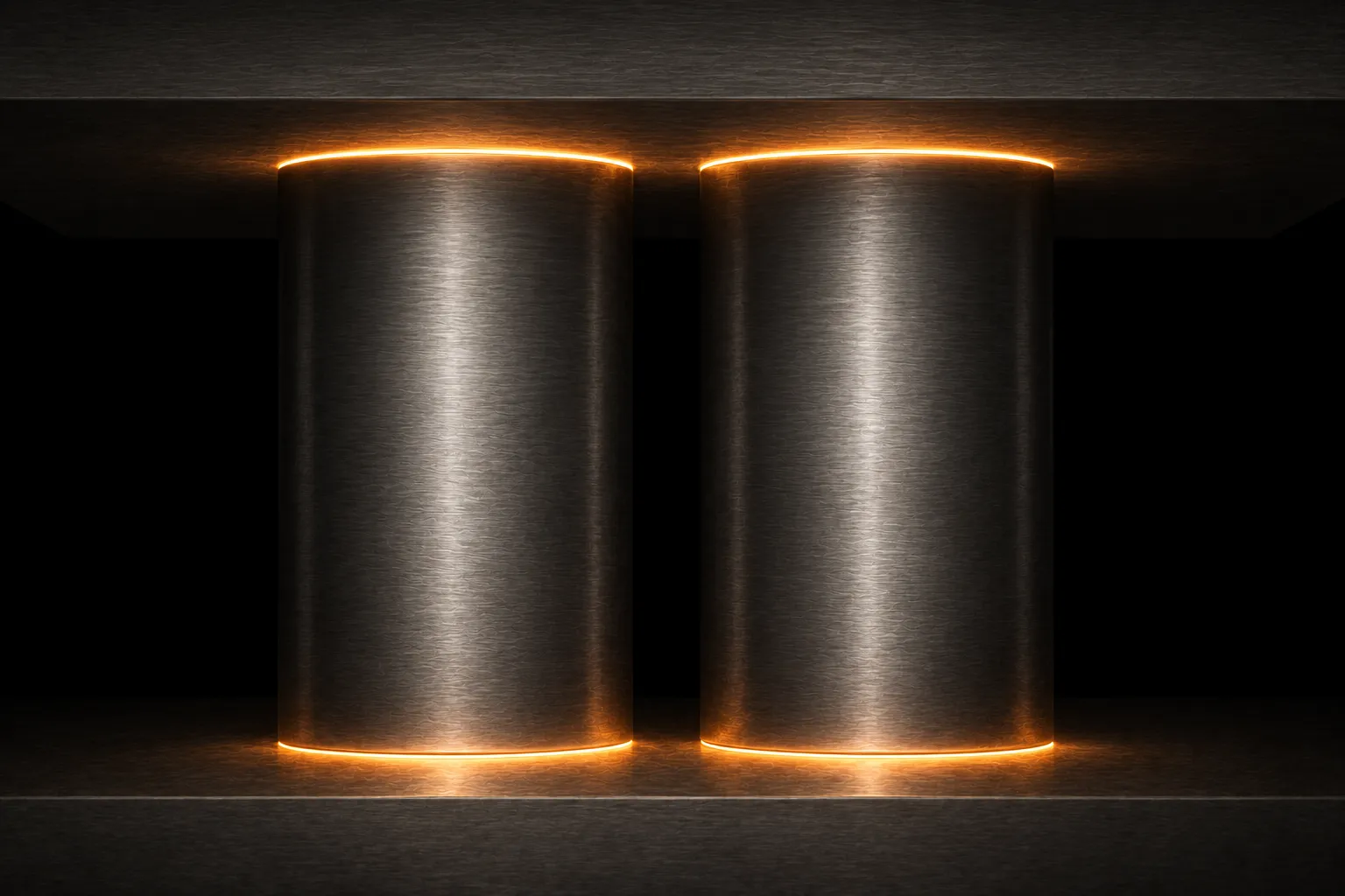 Two steel columns pressed between a ceiling slab and a floor slab, with warm light squeezed out of the joints.
