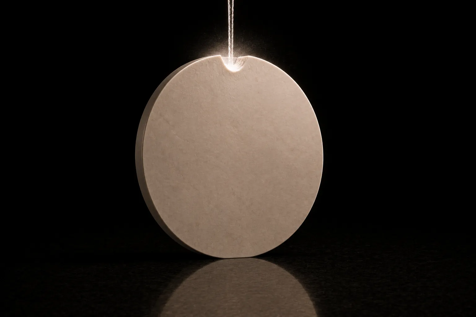 A large pale stone disc standing true, with a thin steady stream falling on its upper rim where it has worn a shallow groove.