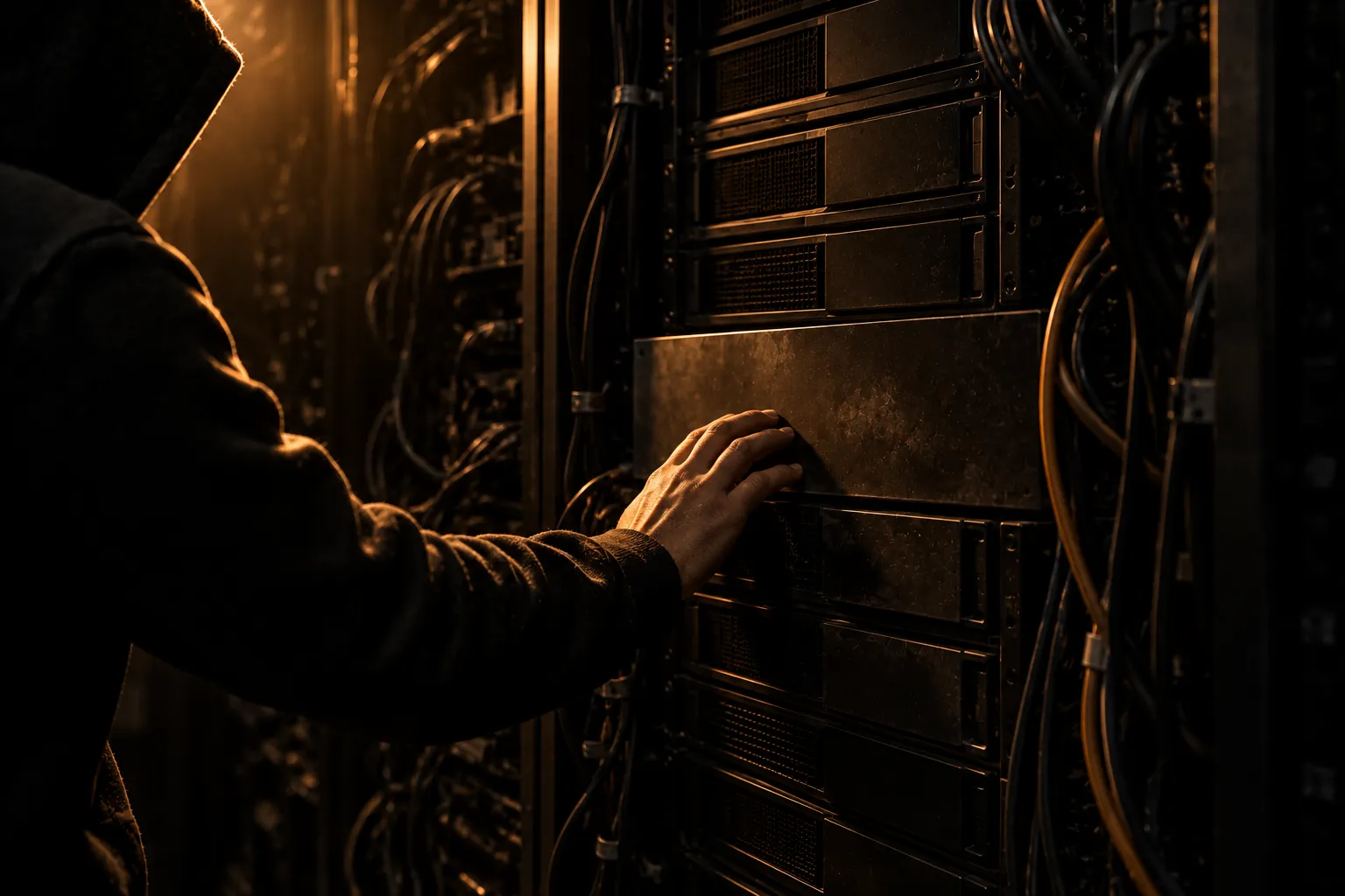 A hooded figure's hand resting on a dark unlit console in a server aisle, the face out of frame, lit by one warm amber light.