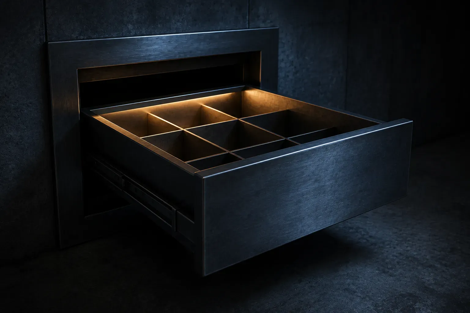 A heavy steel safe drawer half open, its divided compartments empty, lit faintly from inside