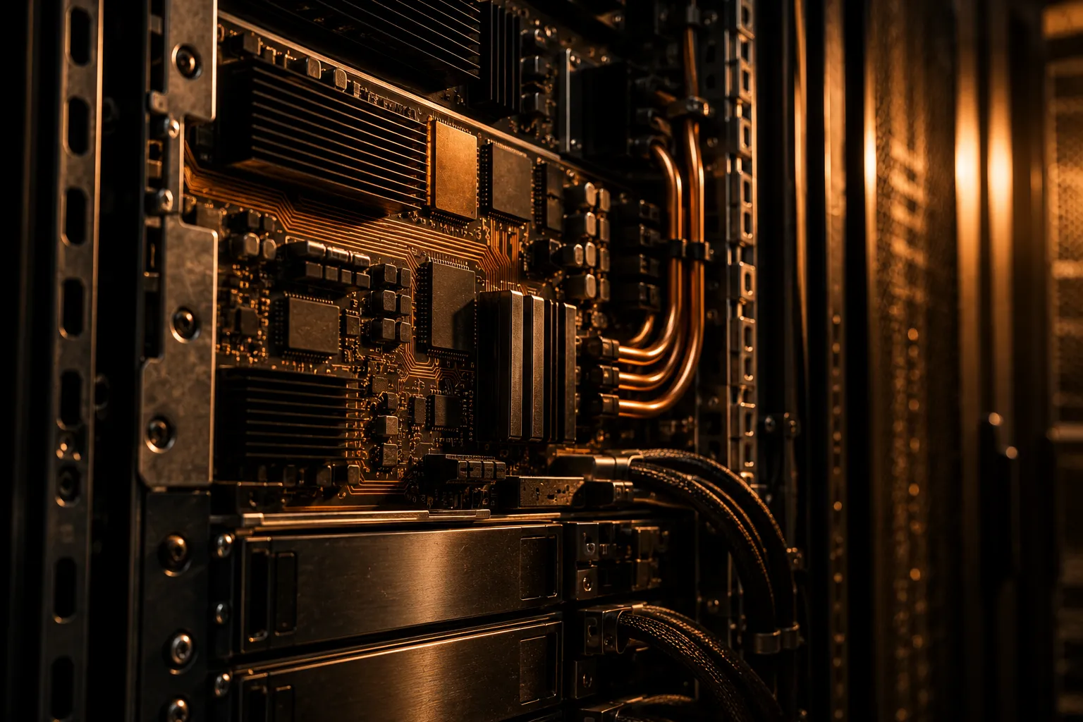 A close view of unmarked circuit boards and copper wiring inside a server rack, framed by its metal chassis and lit by a single amber beam.