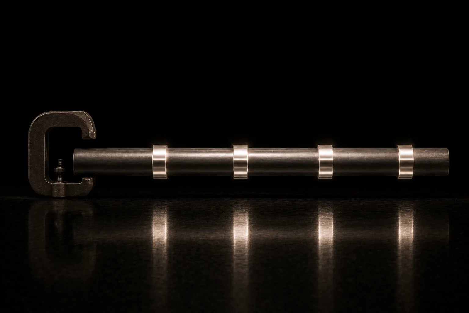 A steel bar with an old heavy clamp hanging open and released at one end, and four newly fitted polished collars spaced along the rest of it.
