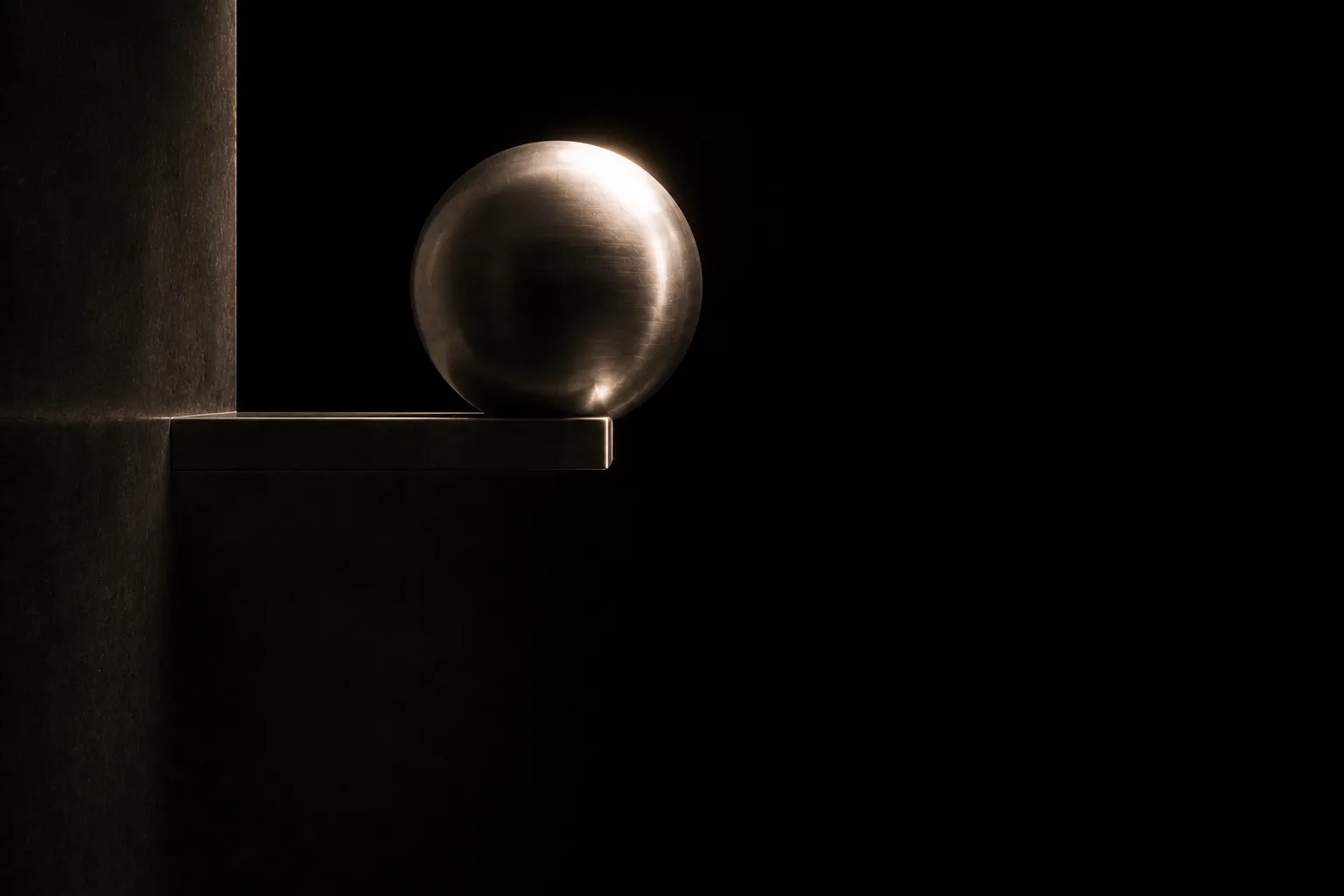 A heavy steel sphere resting on a narrow ledge and overhanging its front edge, with empty dark space falling away below.