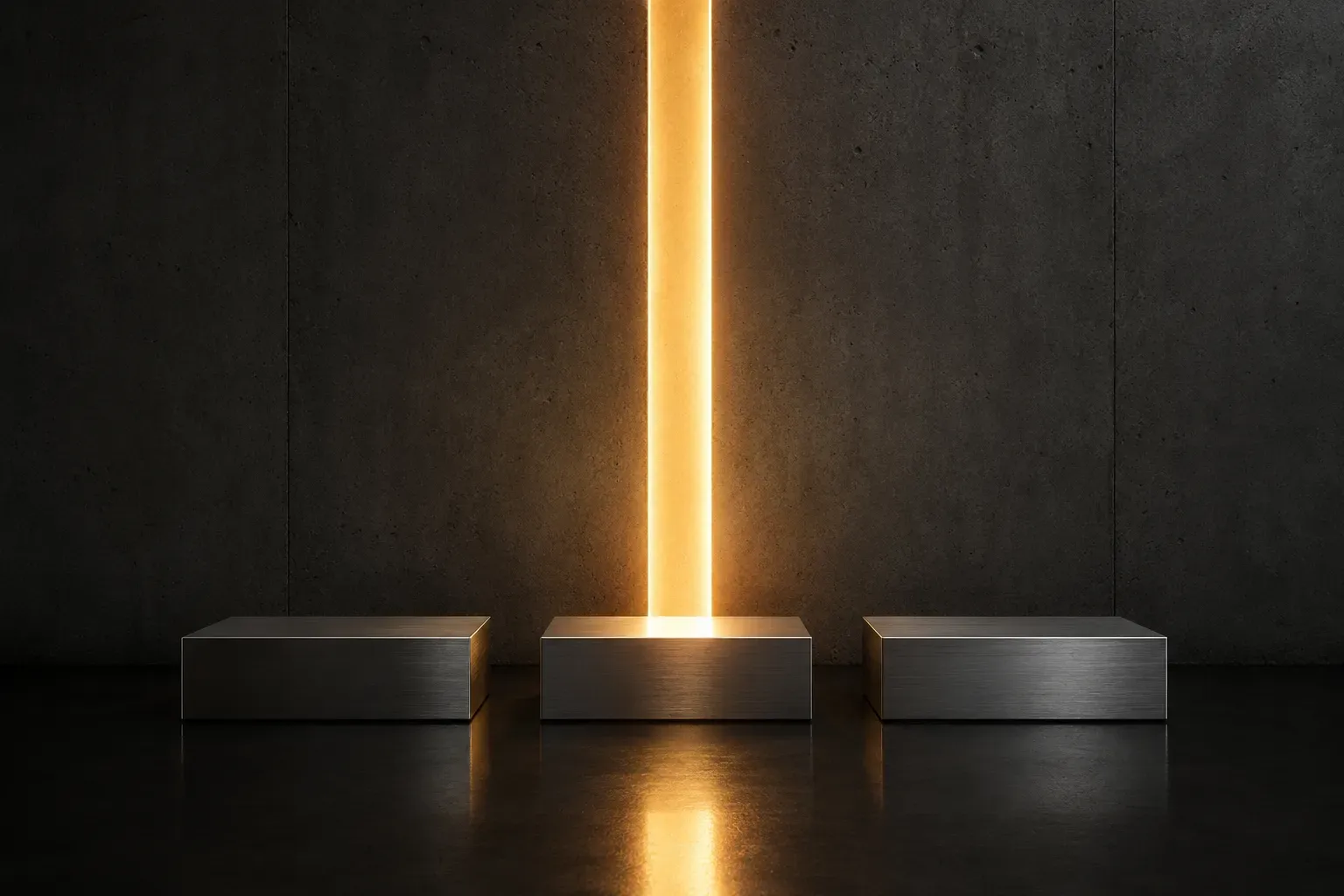 A narrow slot cut through a thick concrete wall, warm light pouring through it onto three low steel plinths.