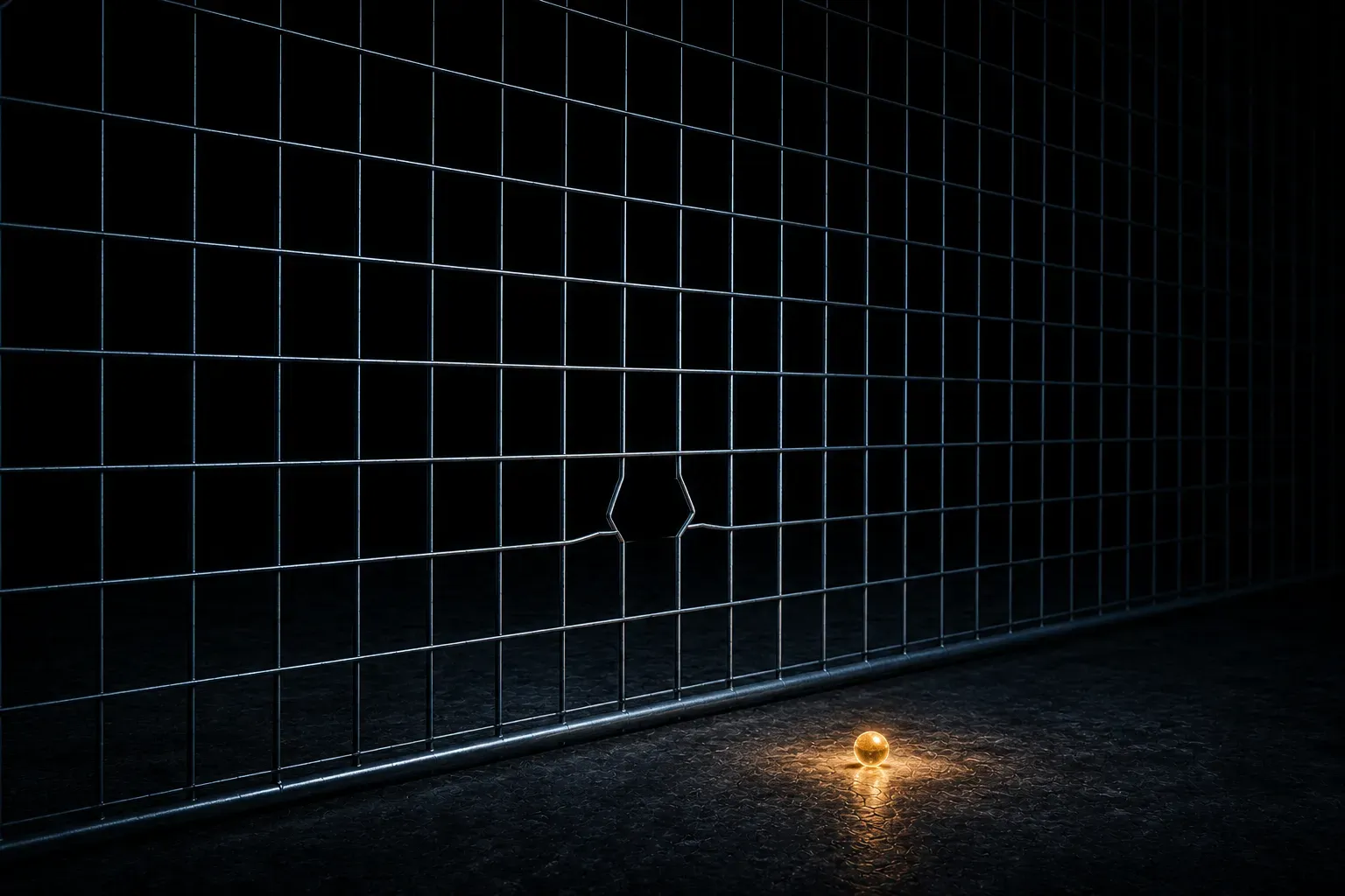 An intact steel mesh with one small object lying on the floor beyond it
