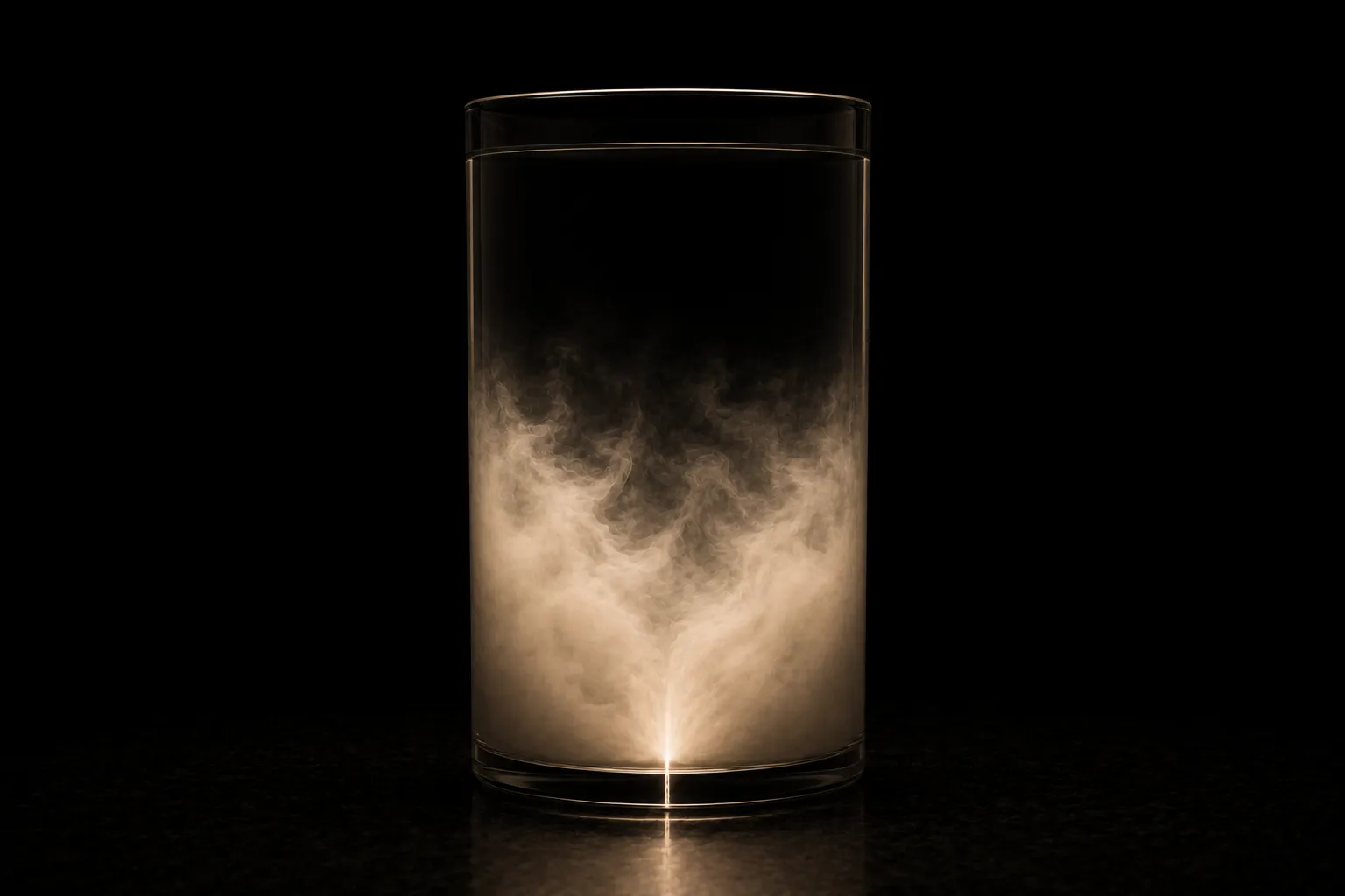 A glass vessel of dark liquid with pale bright plumes rising through it from the base, while the surface at the top stays perfectly calm.