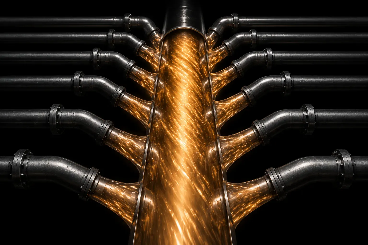 Many thin steel pipes converging into one wide channel where the flow runs faster and brighter