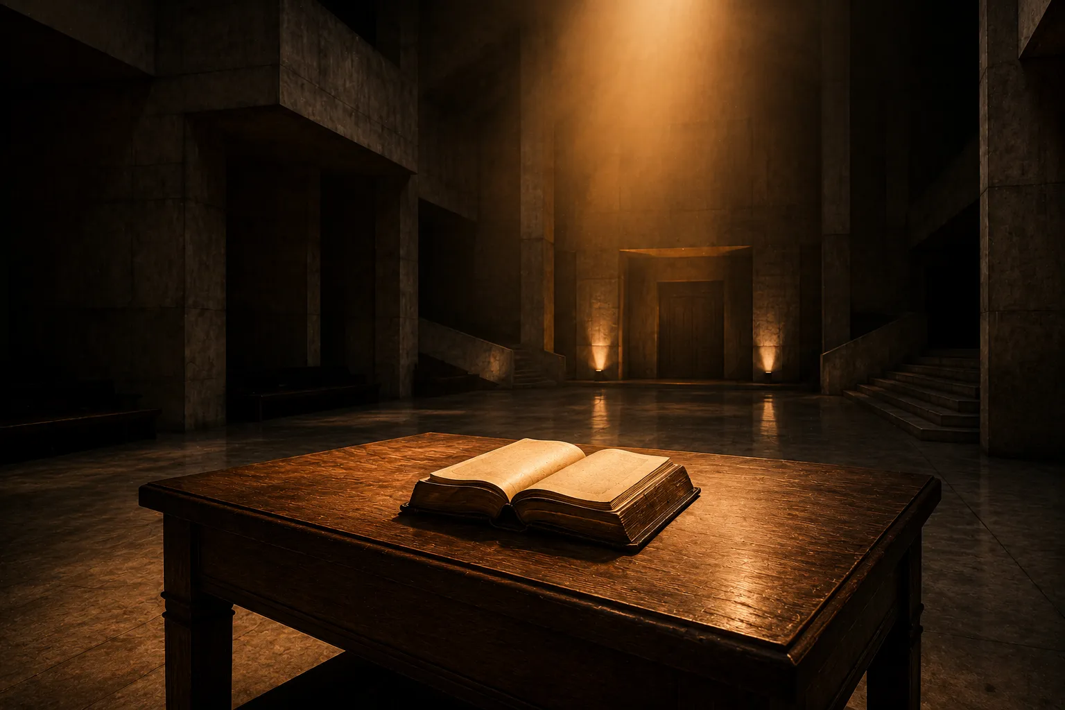 A single oak table under an amber spotlight in a bare brutalist concrete hall, with an open blank leather-bound tome on it